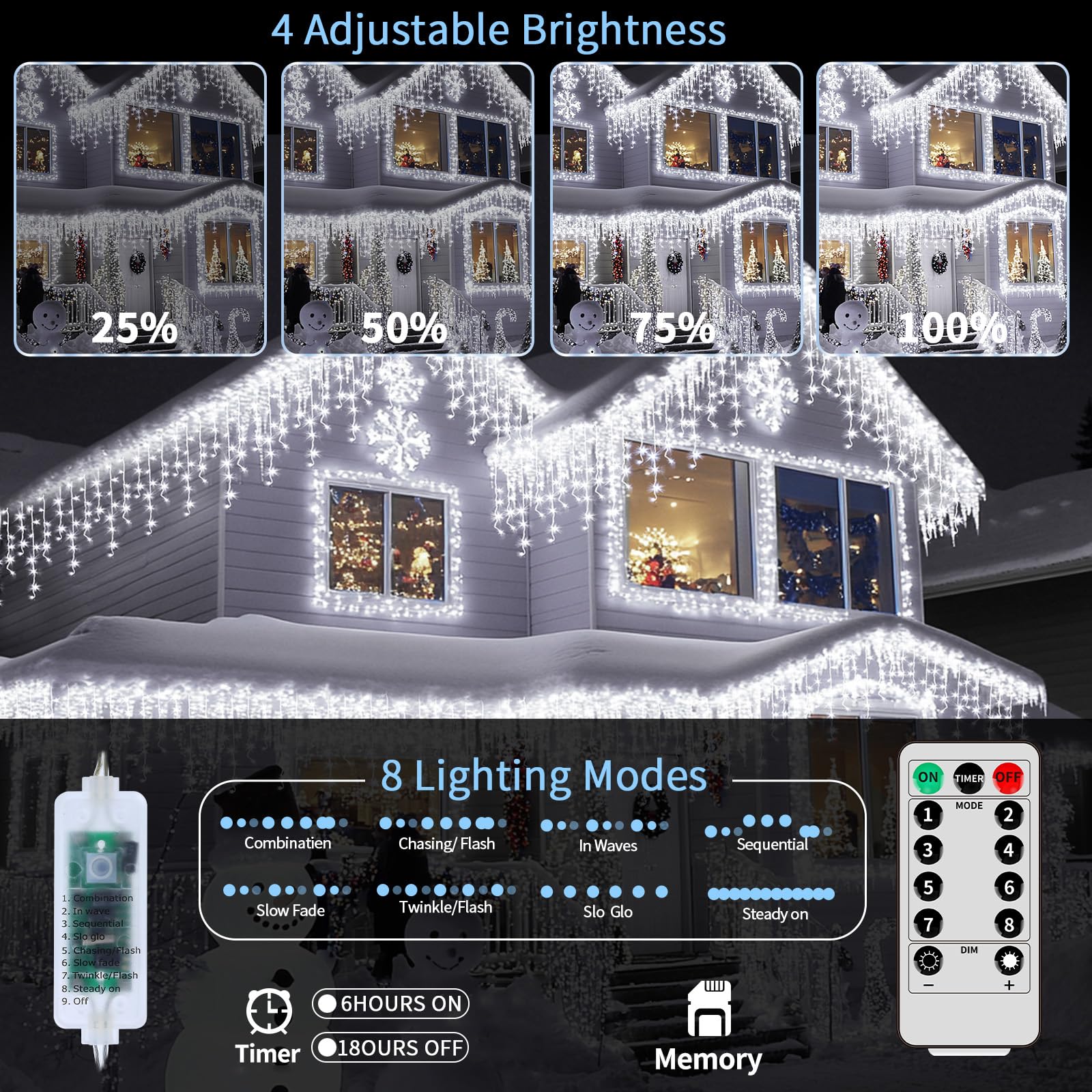 Xzai 800Led 50Ft, Icicle String Lights, Plug-In, Cool White, Christmas Party Decors, Connectable, Memory, Remote, 8 Modes, Timer