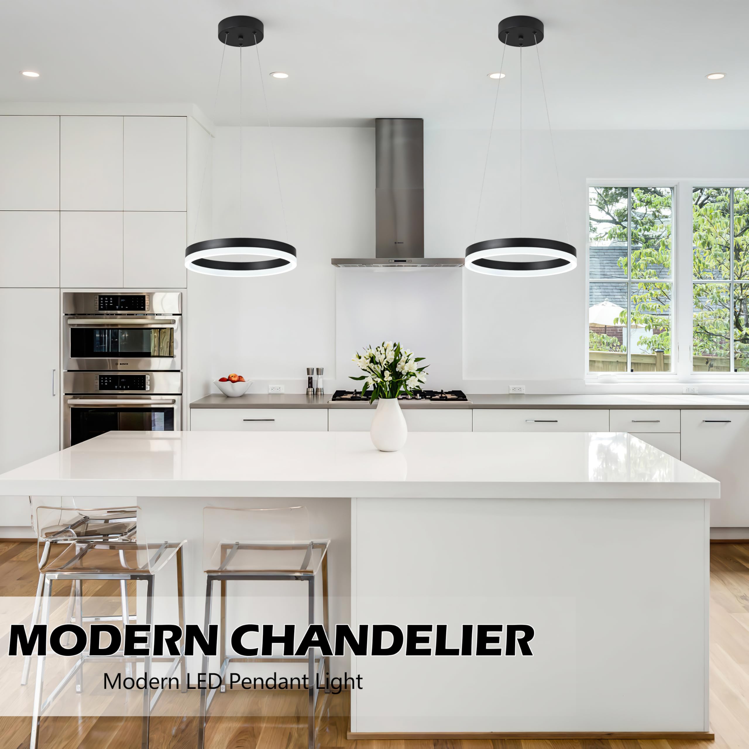 Mccokaige 12" Black LED Ring Chandelier - Modern Pendant Light Fixture for Kitchen Island, Bedroom, Dining Room - Adjustable Height, Metal