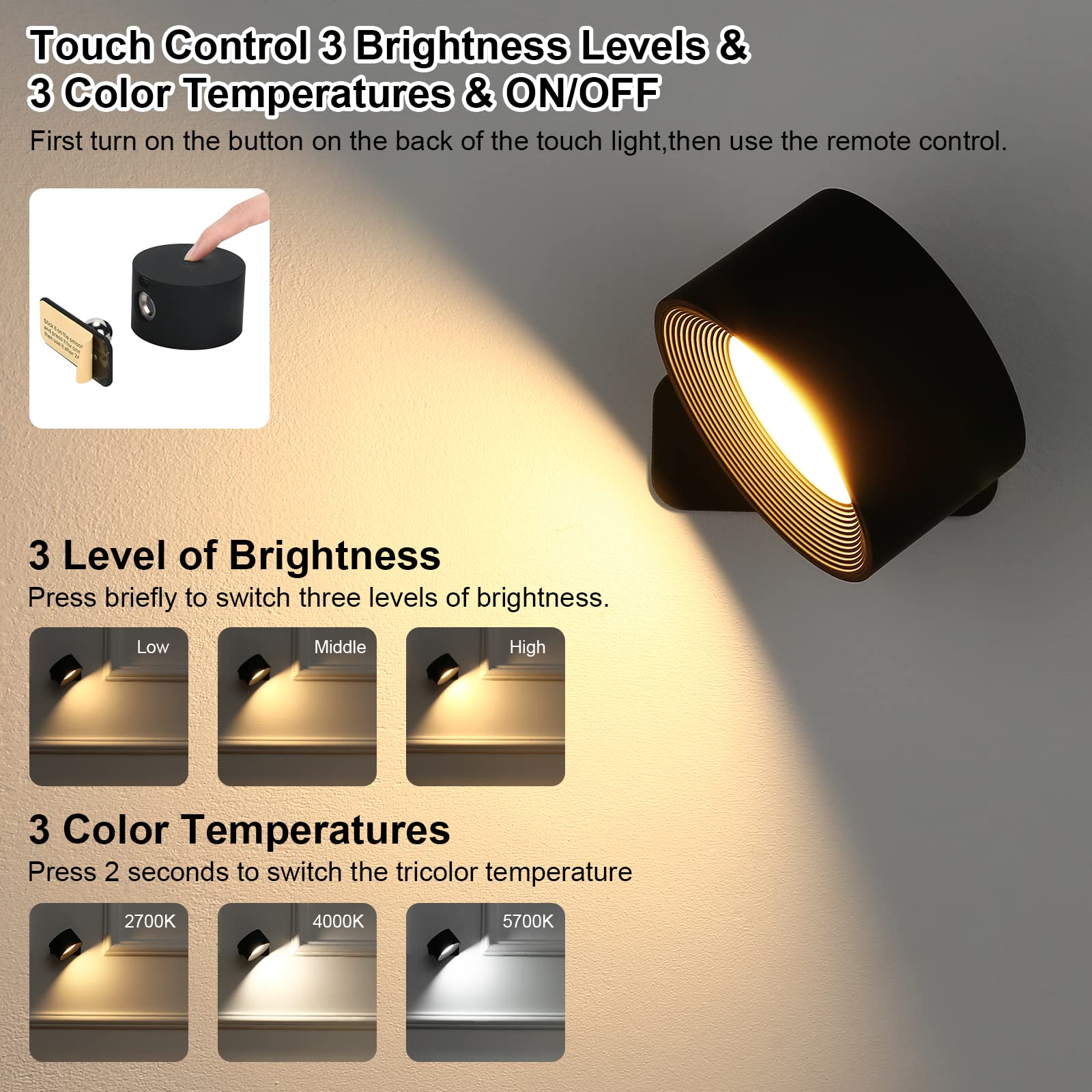 Lightess 2PC LED Wall Sconces, 19 Colors Dimmable Wall Mounted Lamp with Rechargeable Battery Operated USB, 360Rotate Magnetic B