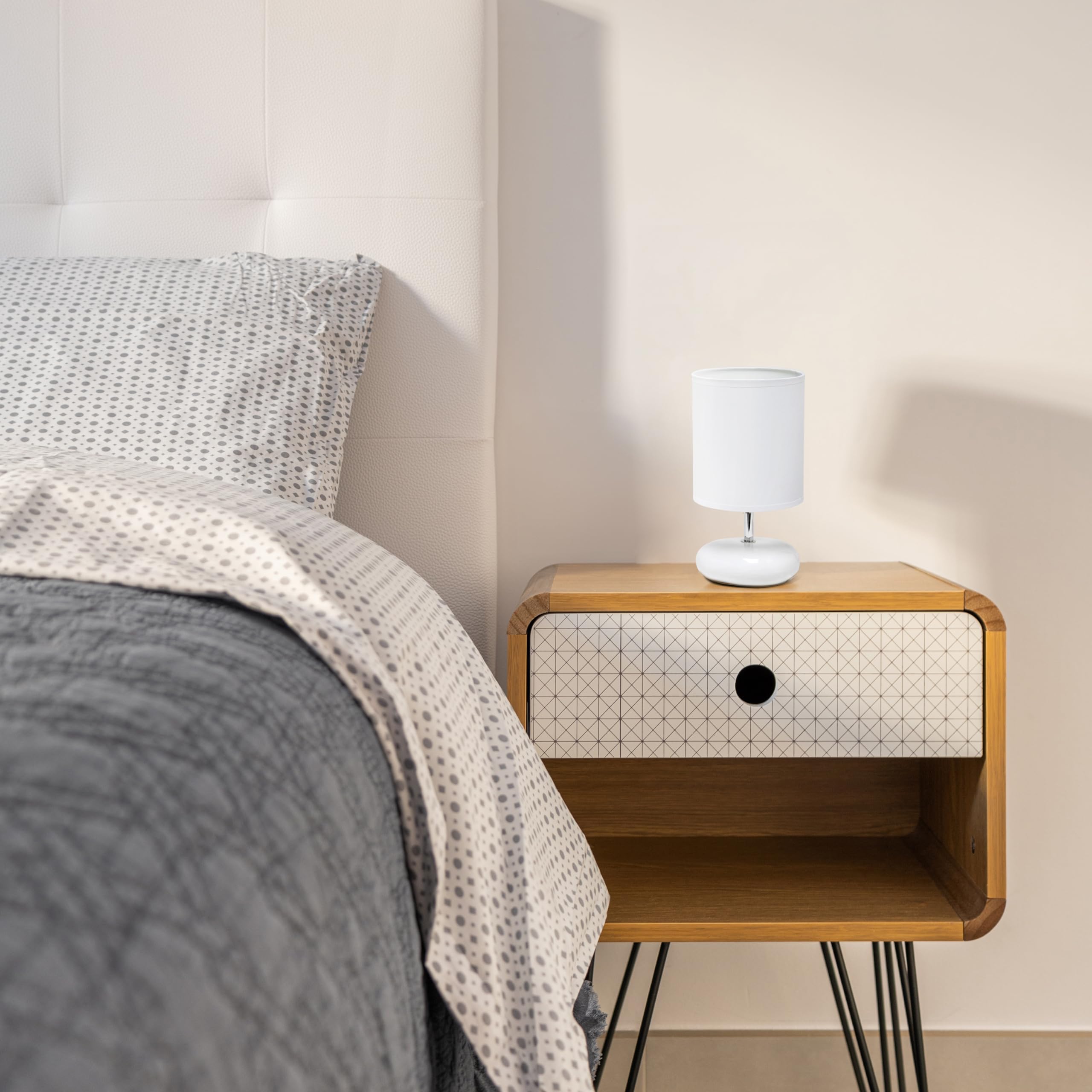 Simple Designs Lt1153-Wht Petite Circle Stone Table Lamp For Bedroom, Kids Room, Office, Living Room, Nursery, Reading Nook, Whi