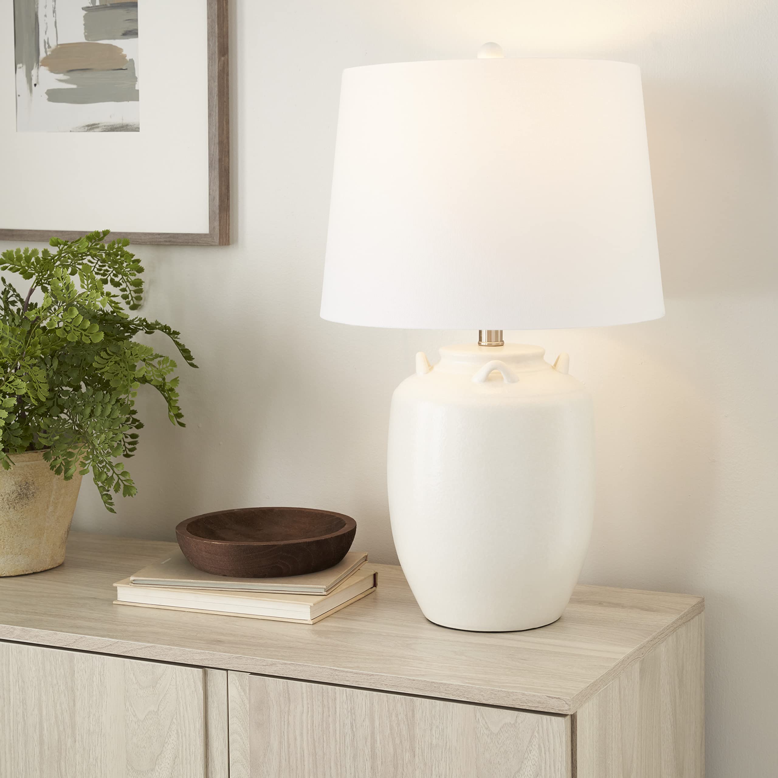 Nourison 24'' White Farmhouse Ceramic Pottery Jug Table Lamp For Bedside Table, Living Room, Office, Entryway