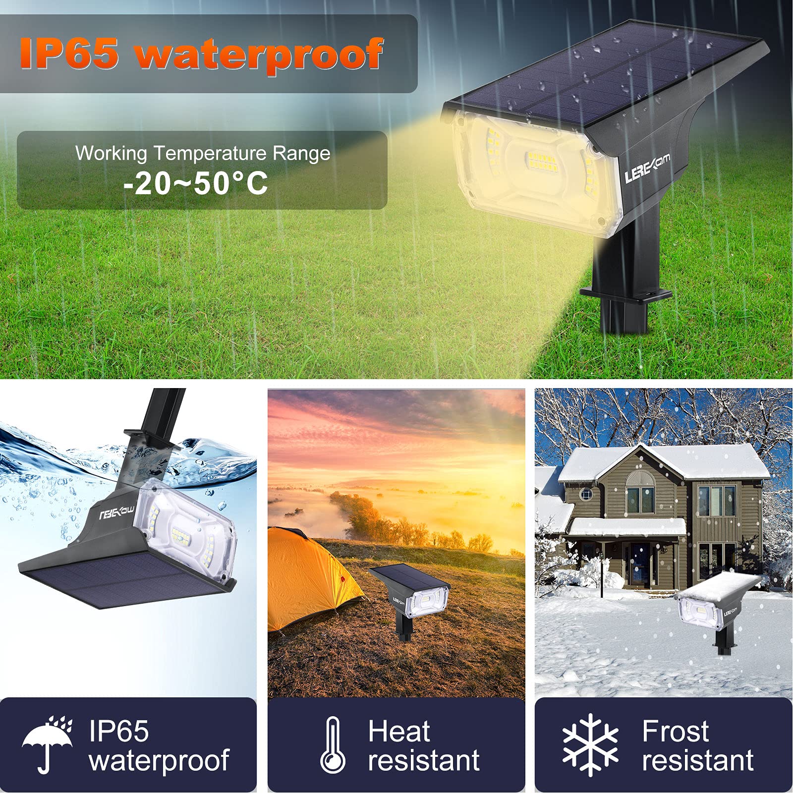 Lerekam 40 Led Solar Spotlights - Ip65 Waterproof 2-Pack Warm White Outdoor Wall Lights