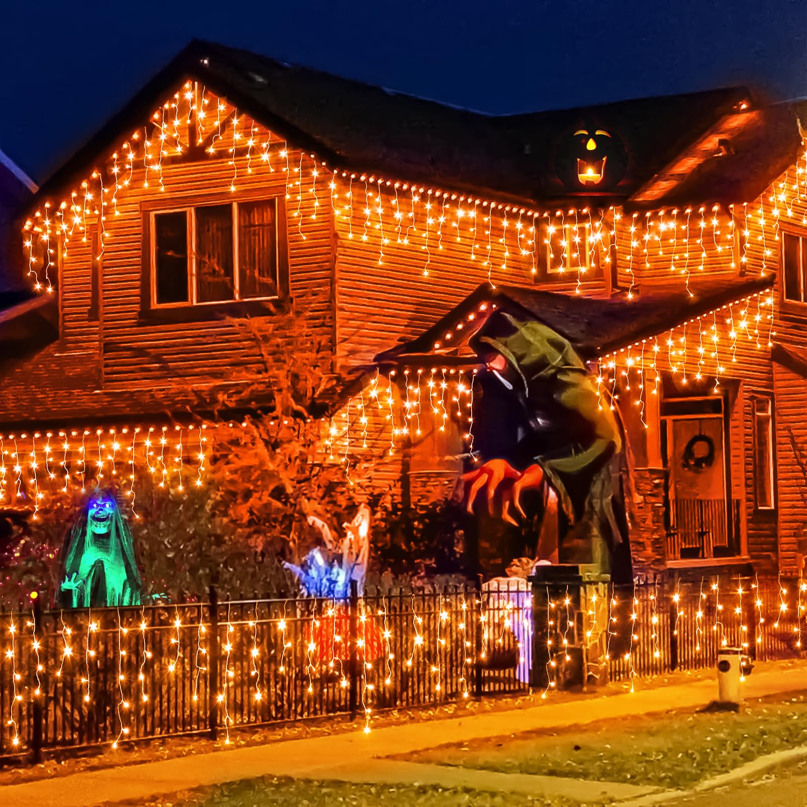 Einiiya Orange Icicle Lights 66ft 640LED, Waterproof with 8 Modes, Perfect for Halloween and Holiday Decorations
