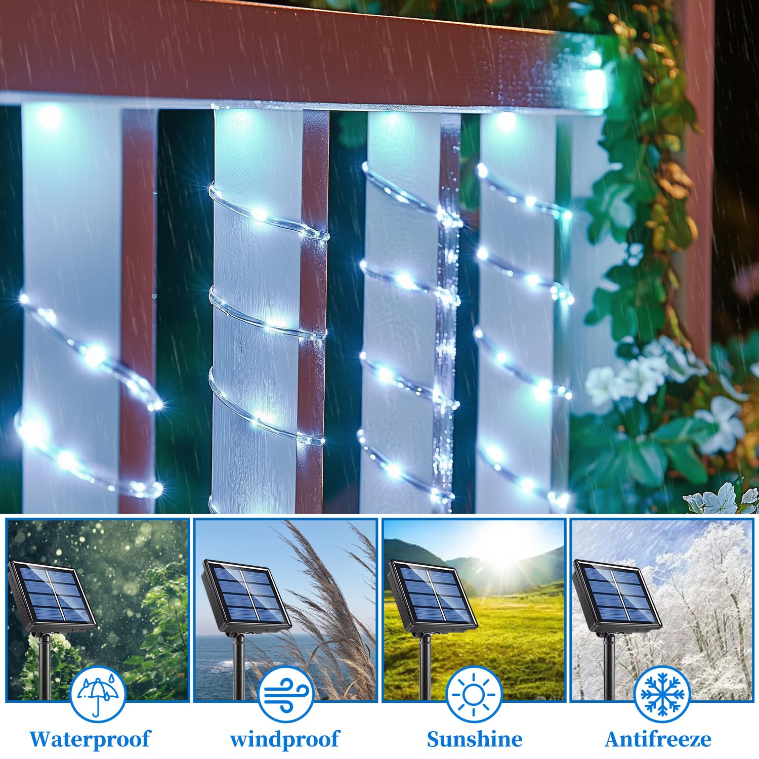 ANJAYLIA 33FT Solar Rope Lights, 100 LED Waterproof String Lights, Cool White, 8 Modes for Outdoor, Patio, Garden, Holiday Décor