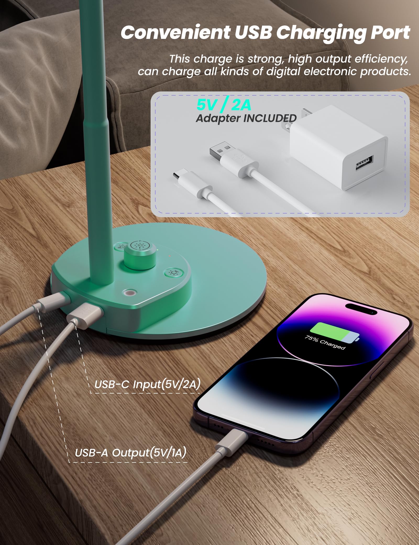 BOHON LED Desk Lamp, Flexible Gooseneck, 3 Color Modes, Dimmable, Teal, Model GGBDL10WT, USB Charging Port, Adapter Included