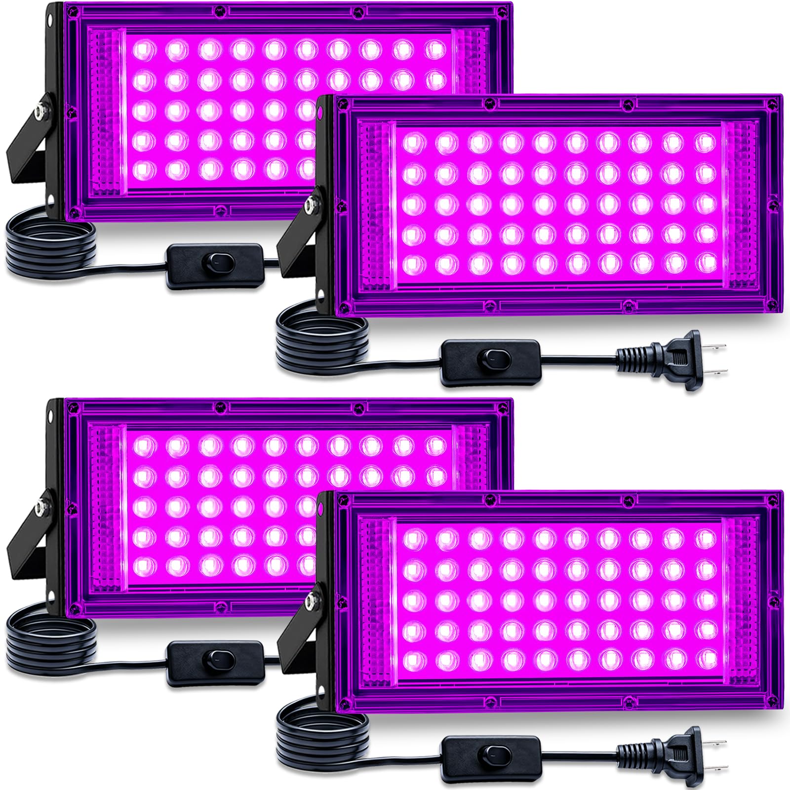 LEONUOANG 50W 4Pack Black Light for Glow Party, IP65 Waterproof,385-400nm Wavelength,with Plug and Switch,for Halloween Decorati