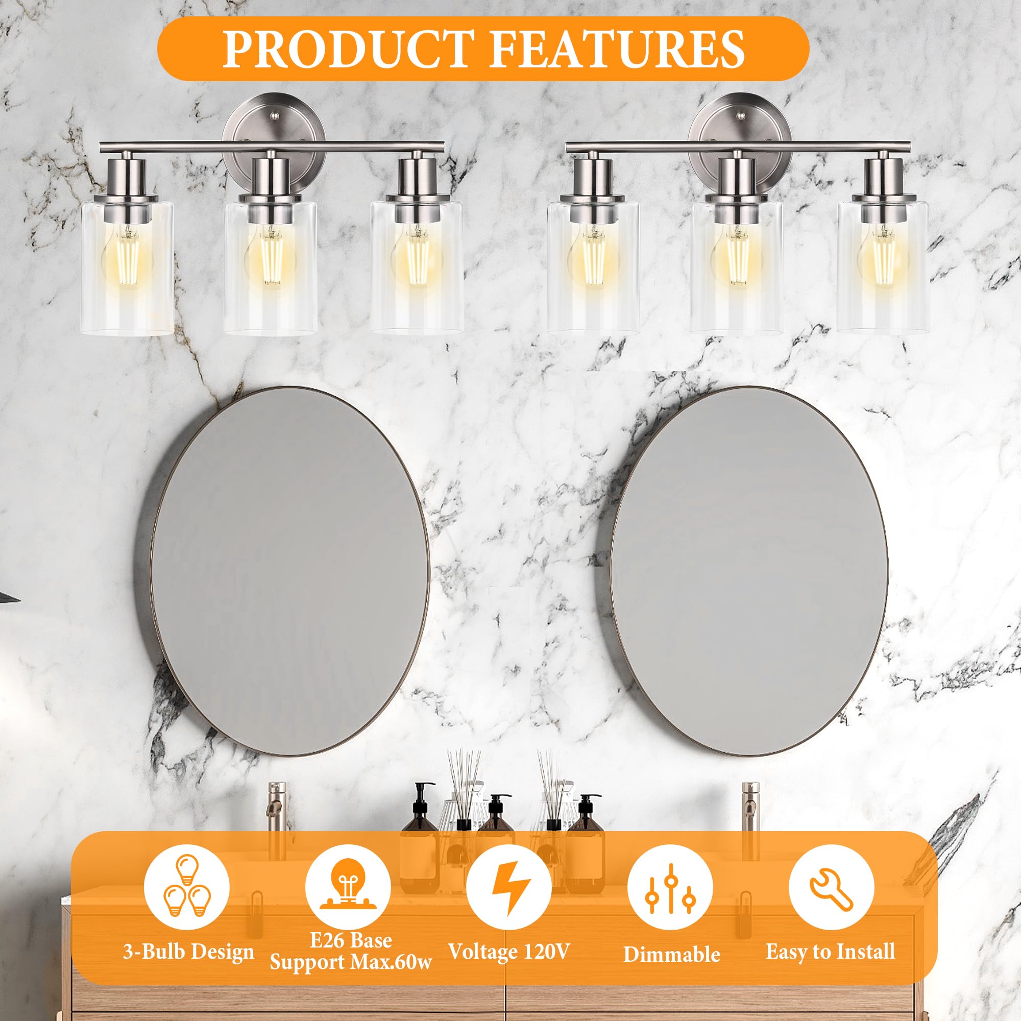 Faymart Lighting Brushed Nickel 3-Light Vanity Light Fixture, Glass and Metal, Model FML-BN-3L-W-S