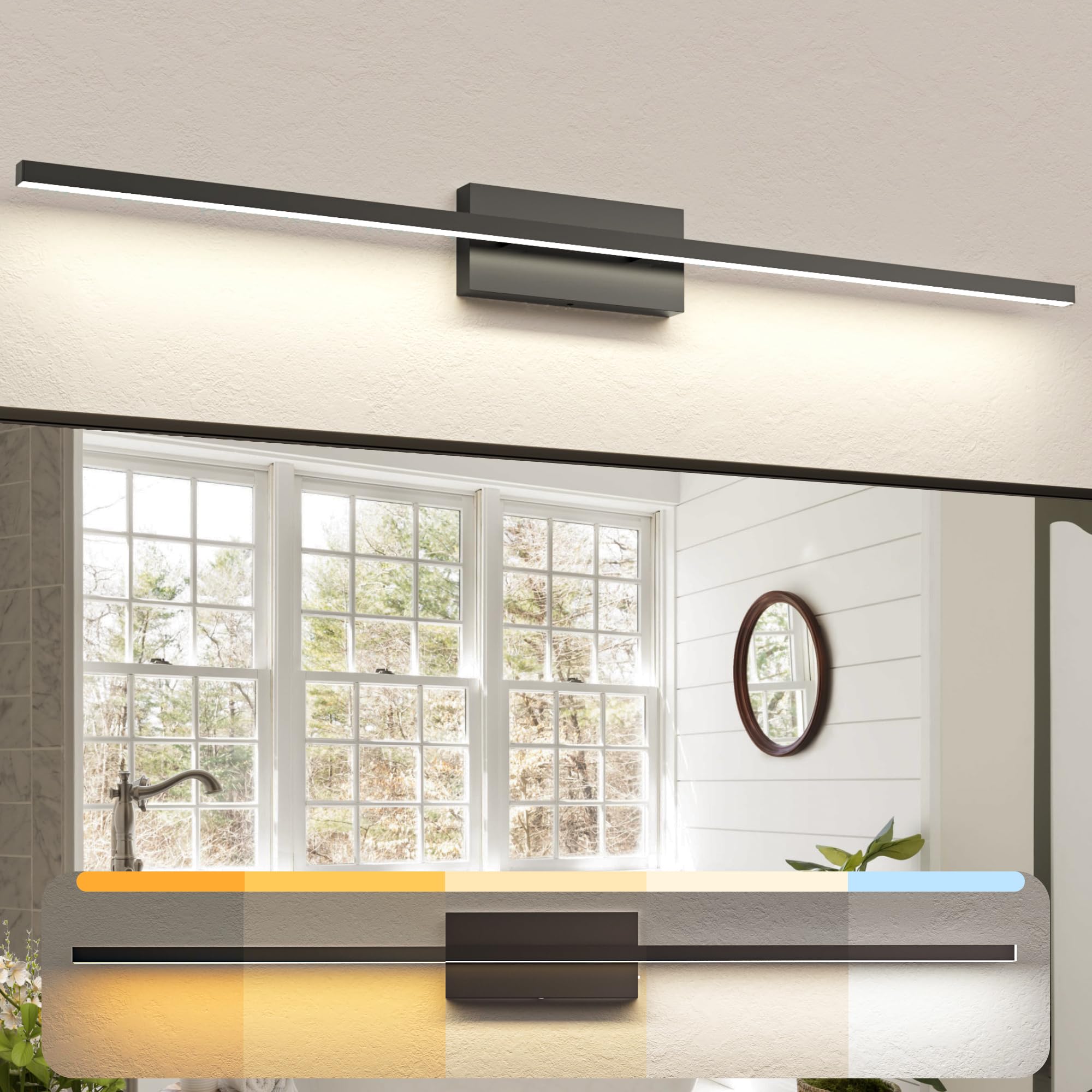 Niorsun 48 Inch Black Vanity Light, 30W 5Cct Dimmable Led Bathroom Lighting Fixture Over Mirror, Modern Lights For Restroom - Et