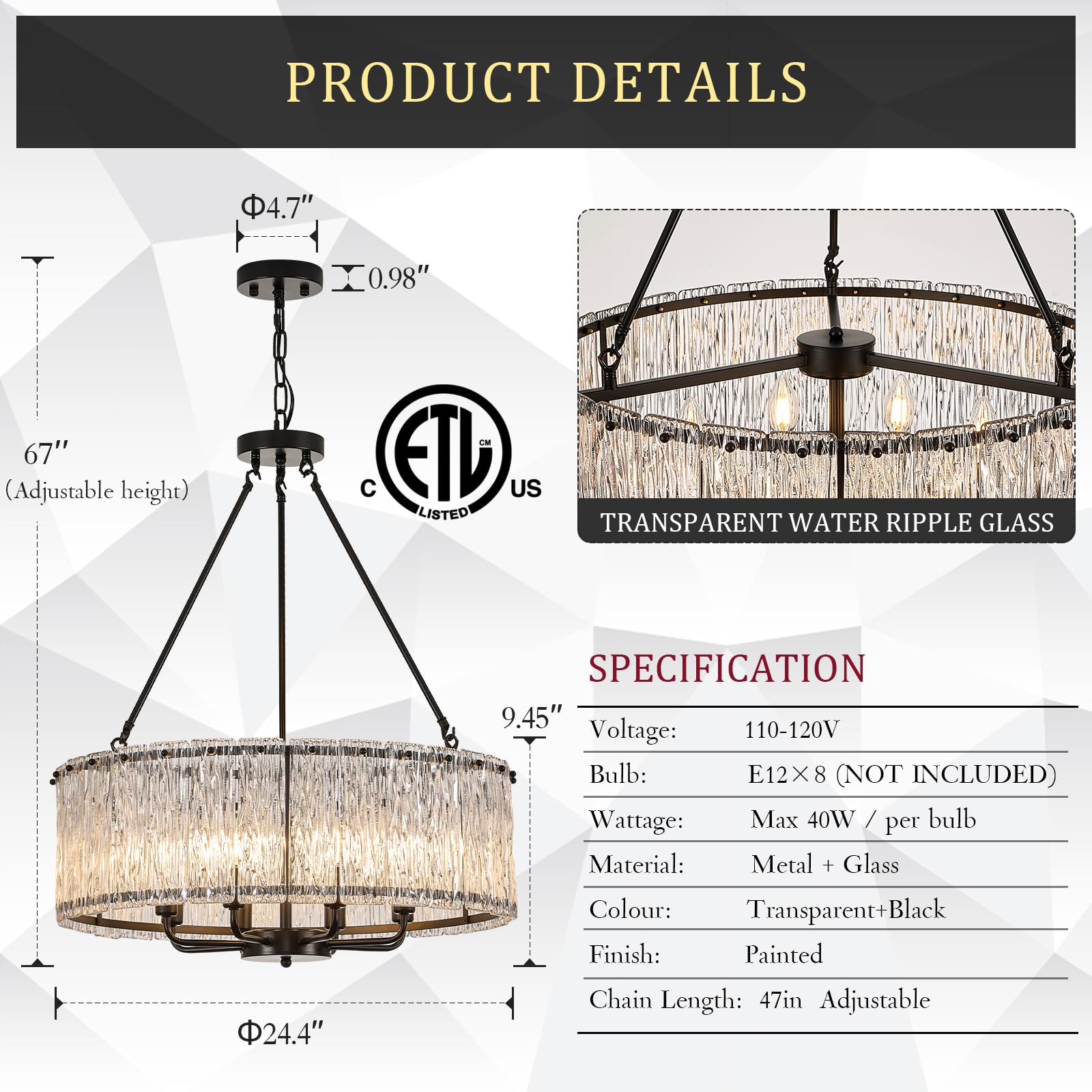 CATINER Modern Drum Chandelier 8-Light Pendant Lighting Fixture, 24.4” Black Glass for Dining Room, Foyer, Living Room, Bedroom