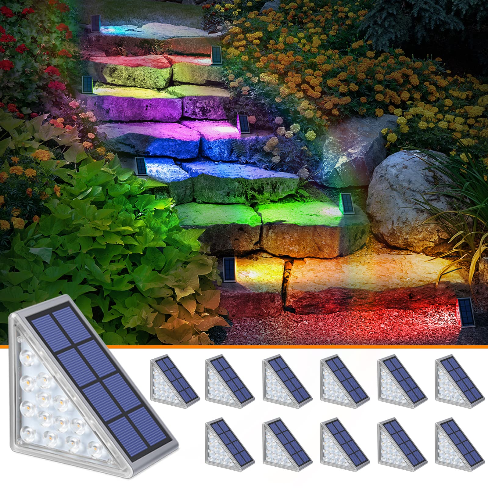 Niorsun Solar Step Lights - 12 Pack Rgb Color Changing, Waterproof Ip67, Auto On/Off For Steps, Patio, Yard, Porch Decor - Model Abe110-A