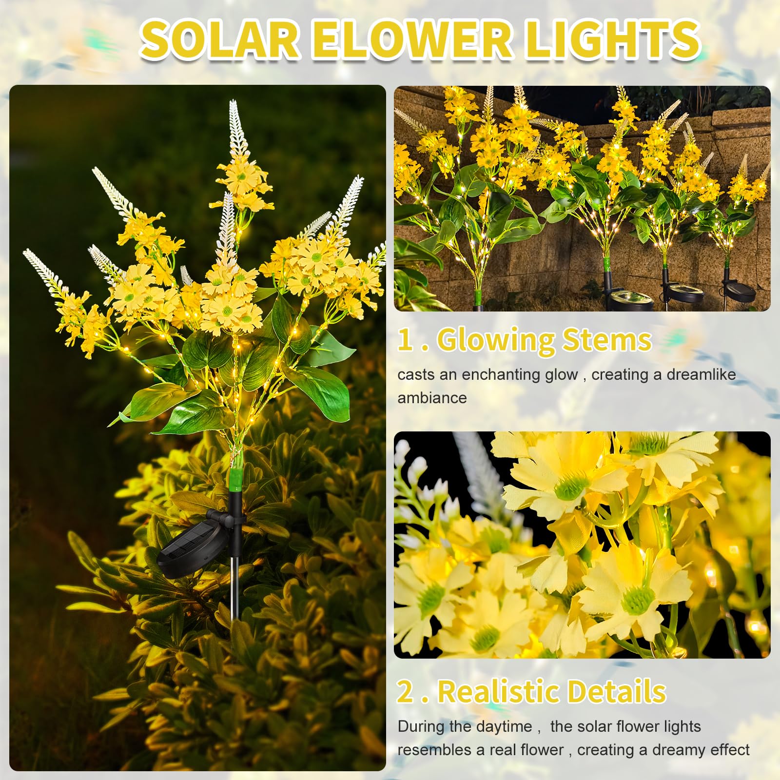Neporal Solar Flowers - Outdoor Waterproof Decorative Garden Lights, 8-Stem, 2 Lighting Modes, Yellow