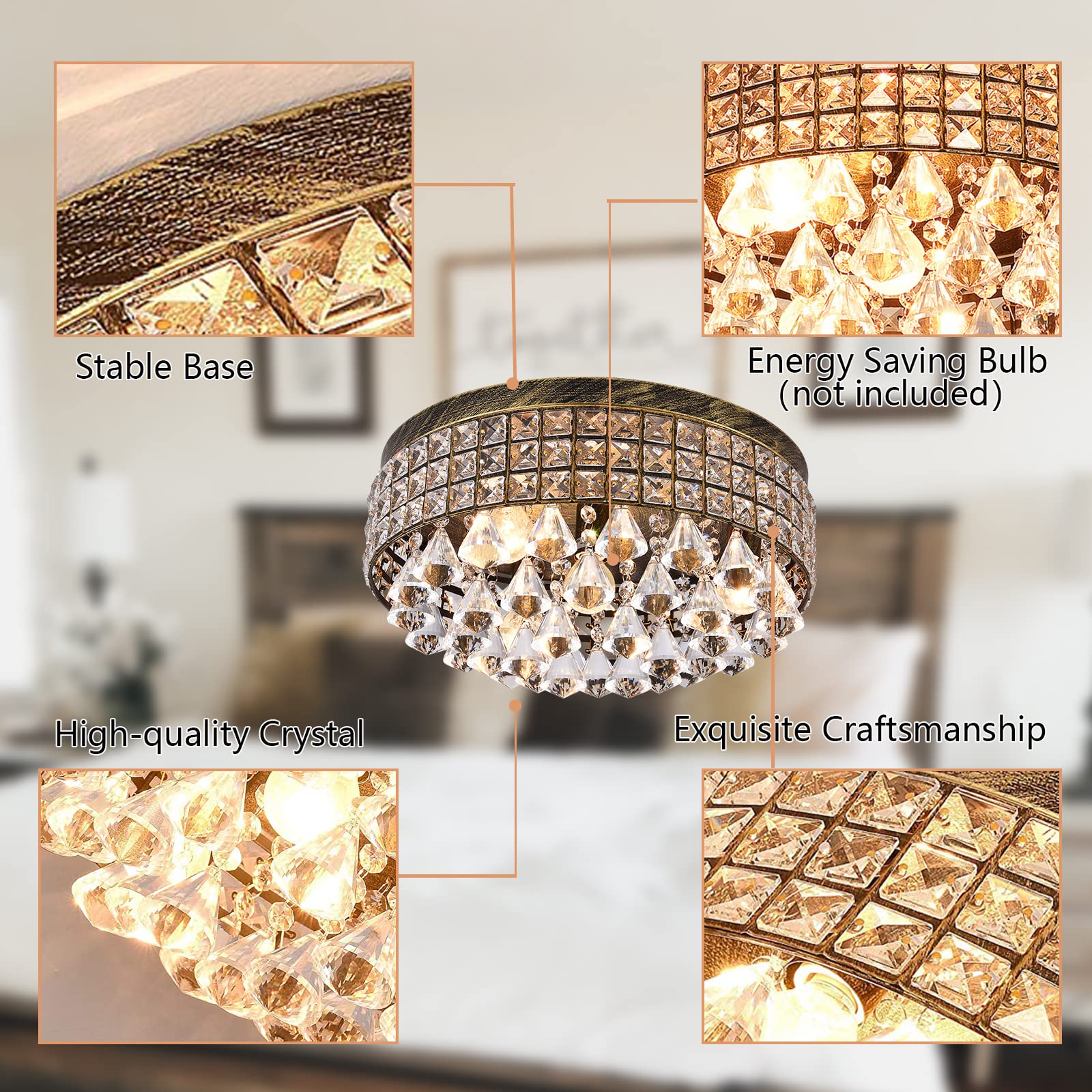 Maxax 4 Lights Crystal Chandelier, Modern Drum Ceiling Light Fixture, Mini Crystal Flush Mount Round Metal Shade Raindrop Chande