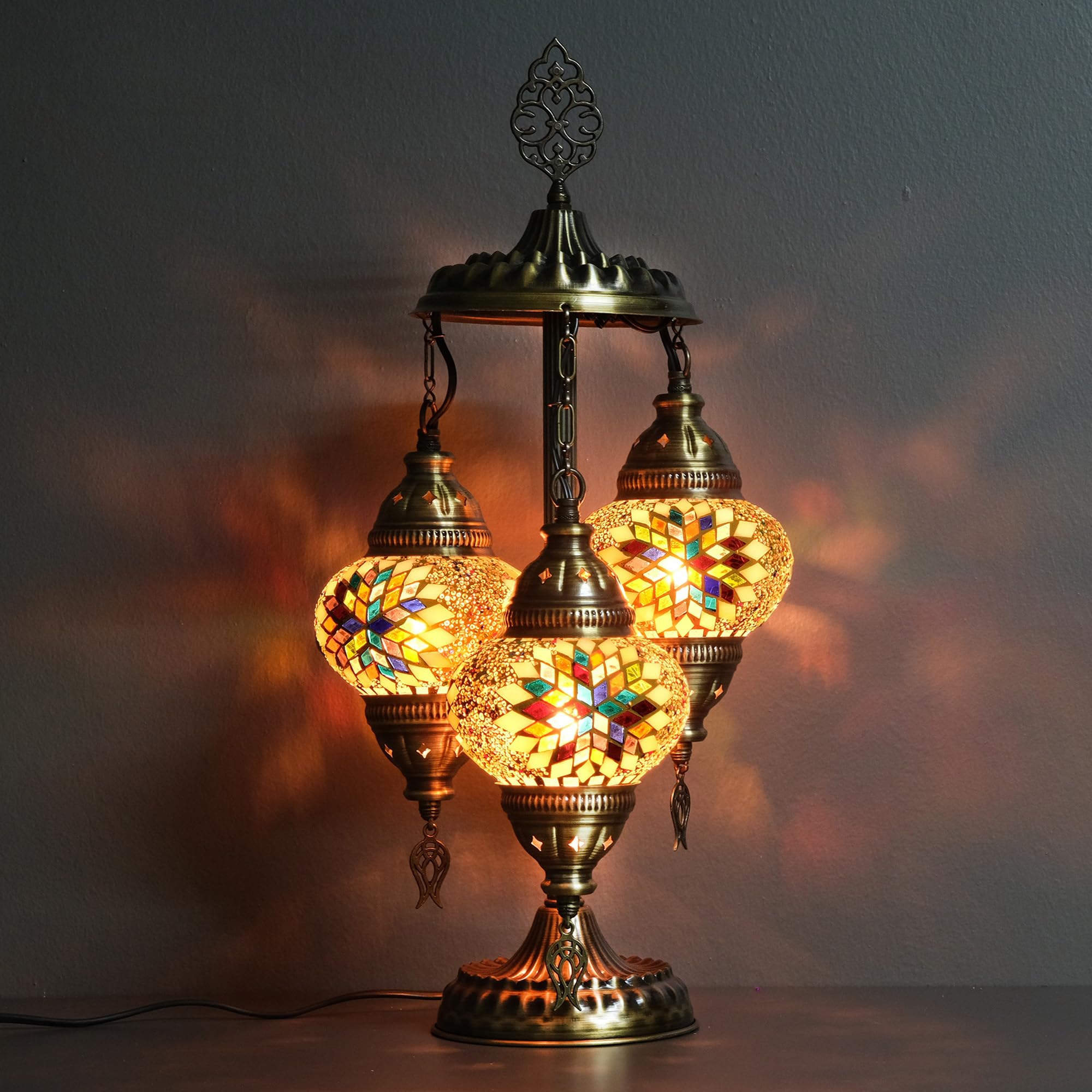 Asylove Turkish Lamp 3 Globe Mosaic Table Lamp 12x12x24 inch Yellow Mix Glass
