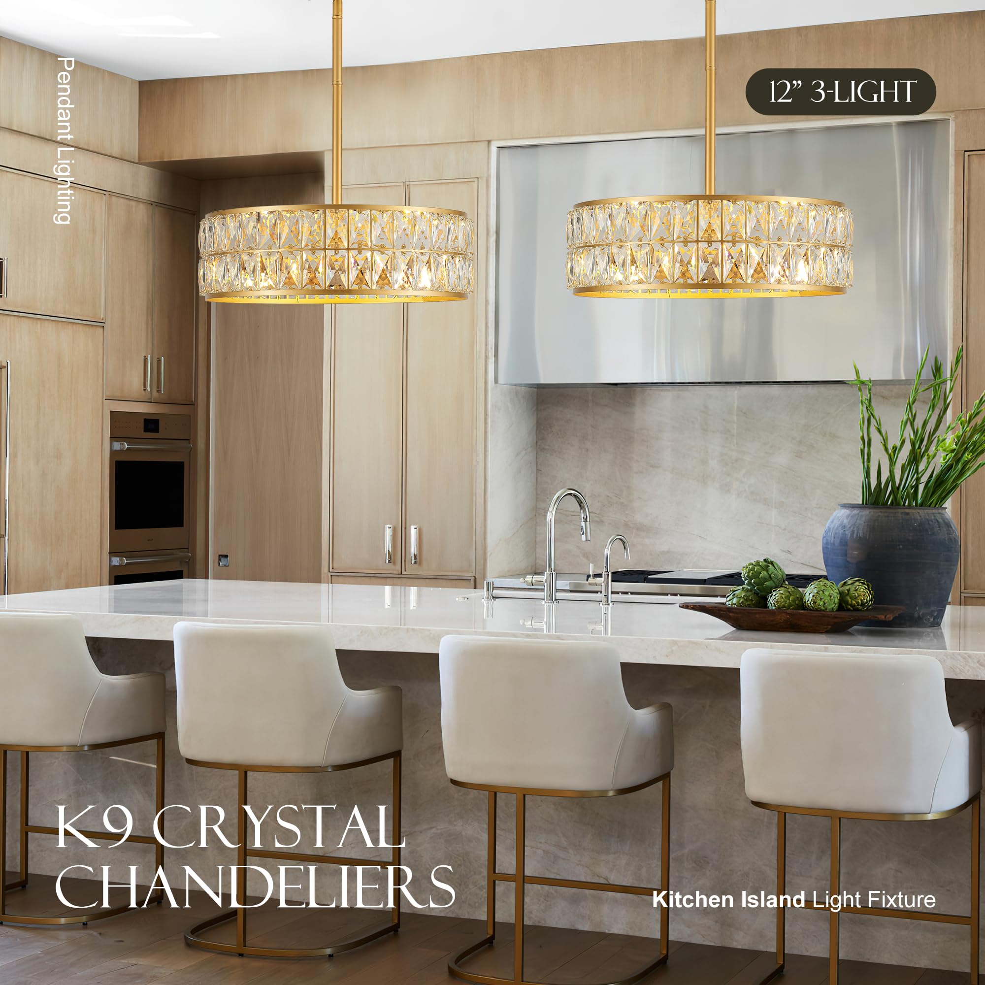 Salaiwei 16    4-Light Modern Crystal Chandeliers Gold Dinning Room Light Fixture, Round Pendant Light Kitchen Island Chandelier