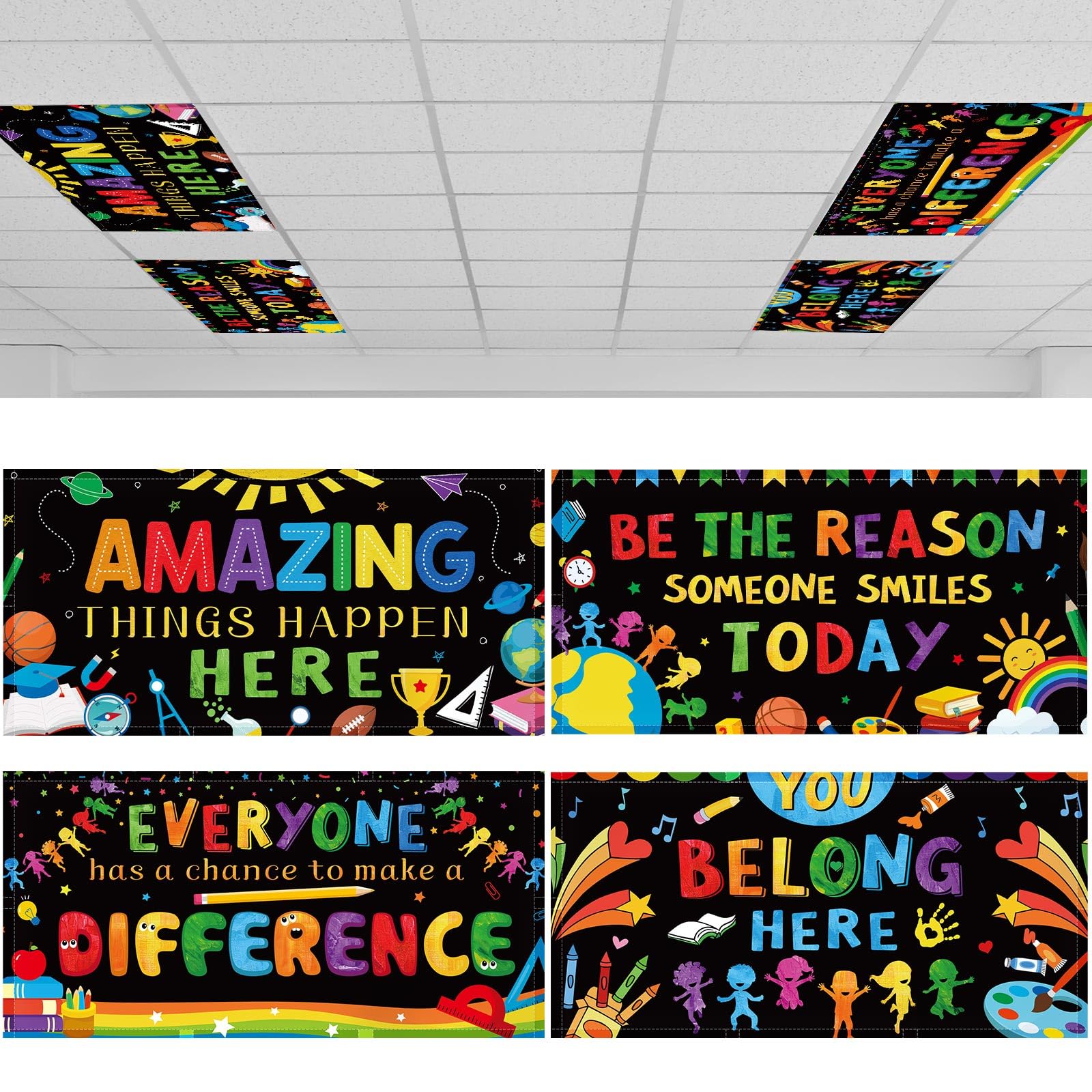 ROCEEI Pack of 4 Fluorescent Light Covers for Ceiling Lights, 4 x 2 ft, Magnetic Light Covers for Classroom Office Home School(I