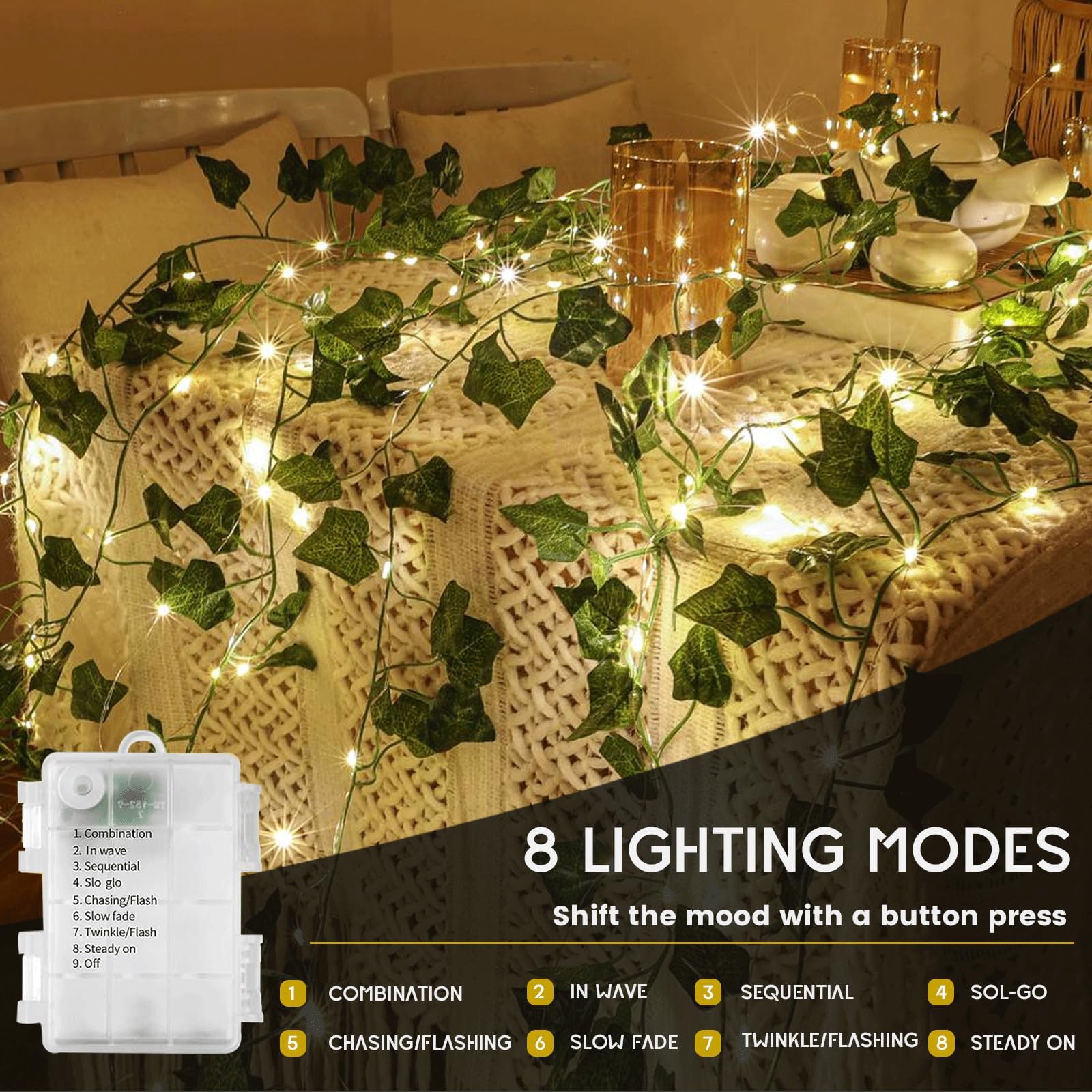 Nwlight 33 Ft Green Ivy Fairy Lights Battery Operated, 8 Flashing Model Waterproof 100 Leds Battery Powered Artifical Leaves Vine String Light For Garland Bedroom Wedding Party Holiday Patio Decor