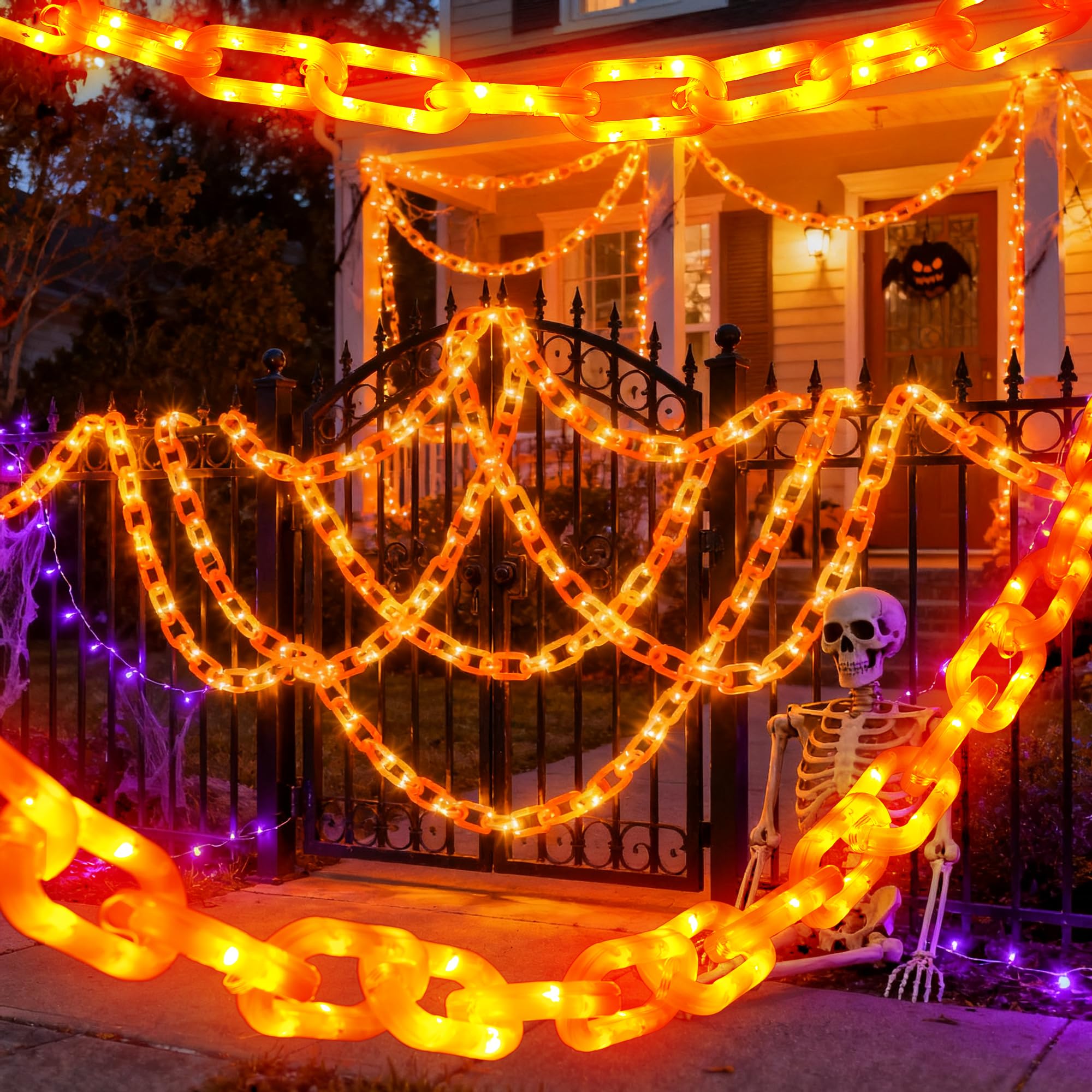 Halloween Decoration Solar Light String 6.6Ft  100 Led Orange Chain Lights. Ip44 Waterproof  8 Lighting Modes. Perfect For Horror Costume Accessories  Haunted House Courtyards & Halloween Party Decor.
