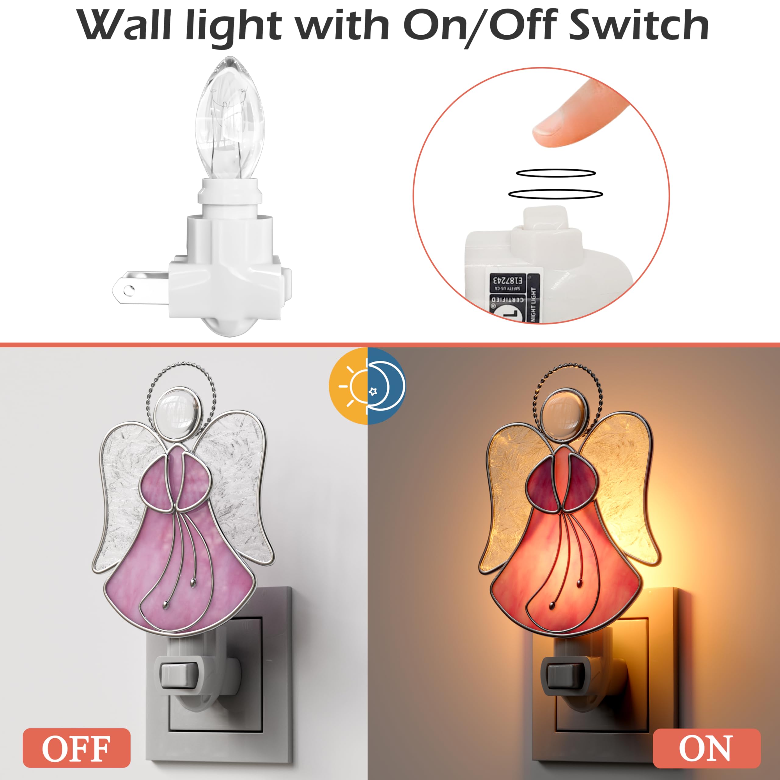 Kundgla Night Lights Plug Into Wall,Stained Glass Angel Nightlight Plug In,Decorative Night Light For Bedroom, Bathroom, Hallway, Kids Room Stairway - Pink Angel