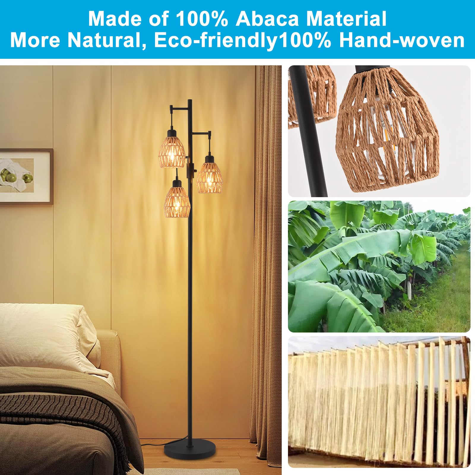Lumenfox Boho Rattan Floor Lamp-Standing Lamps For Living Room 70'' Dimmable Floor Lamp With Cage Shade, Industrial Farmhouse Fl