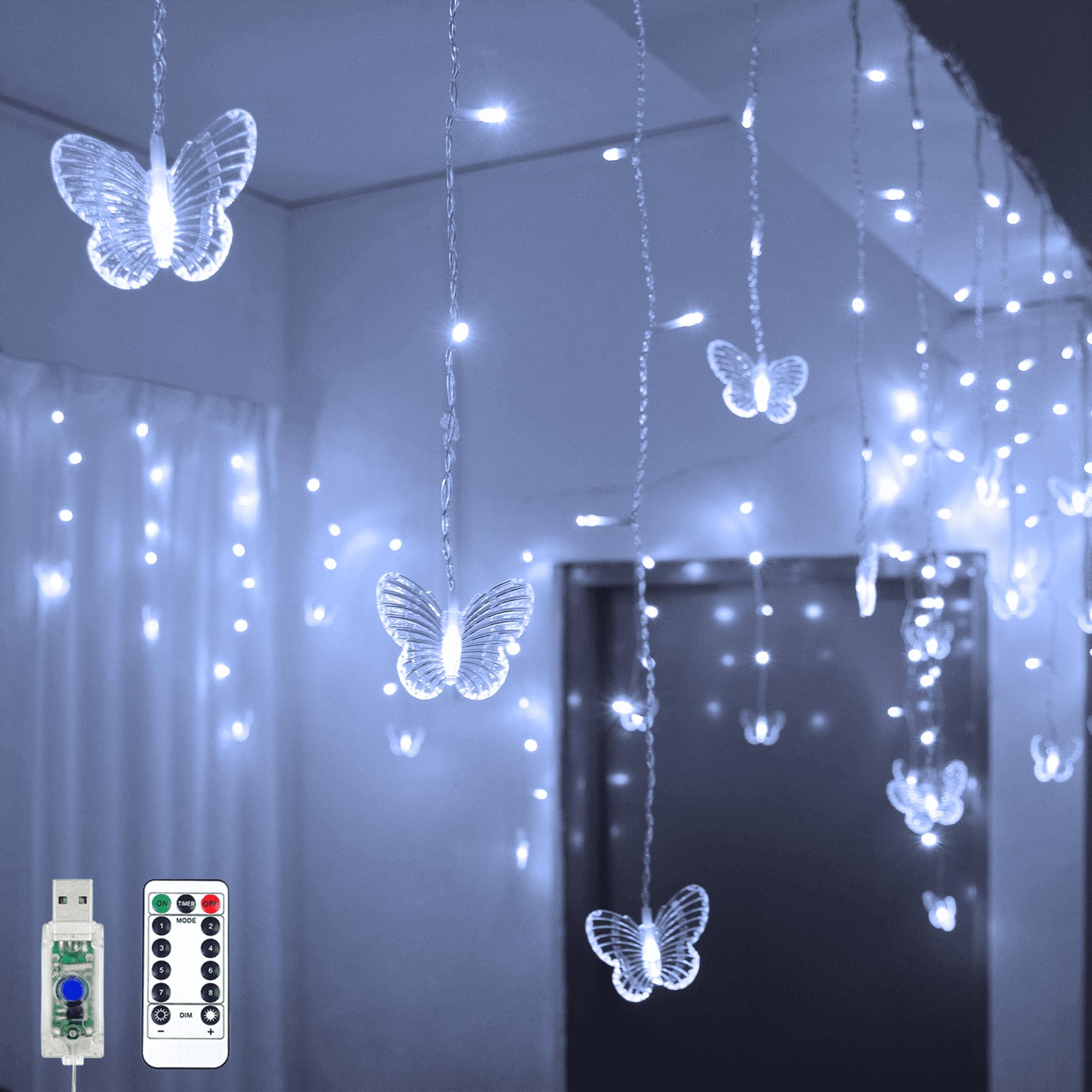 Yolight Butterfly Curtain Lights 13Ft 96 Led Twinkle Fairy Lights Curtain String Lights With Remote, Butterfly Hanging Decoration For Bedroom Dorm Wall Patio Party Wedding Halloween Christmas (White)