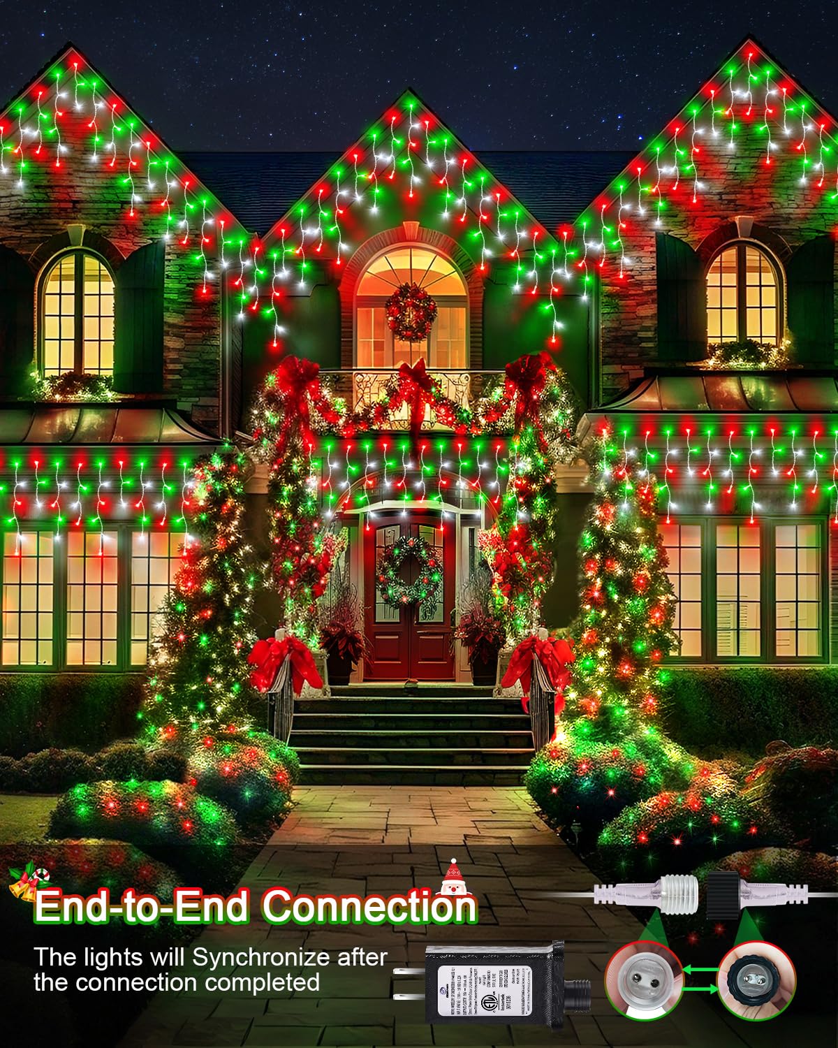 JIXXULVU Christmas Lights Outdoor 106FT 972LED Waterproof Connectable Red Green White Model 300L