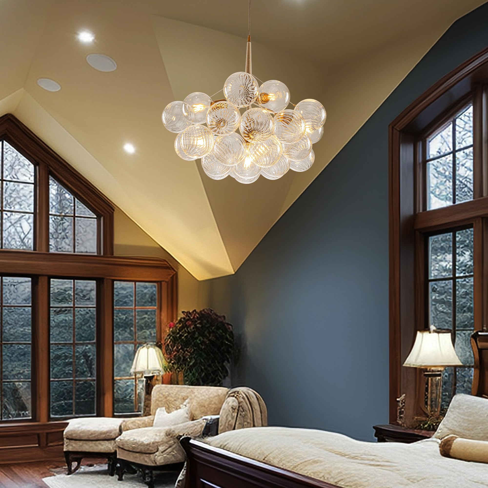 Beypan White Gold Bubble Ball Chandelier 6-Light Dia 24 Inch Mid-Century Blown Glass Light Fixtures Swirled Clear Globe Chandeliers Lighting Pendant For Dining Living Room Entryway Island