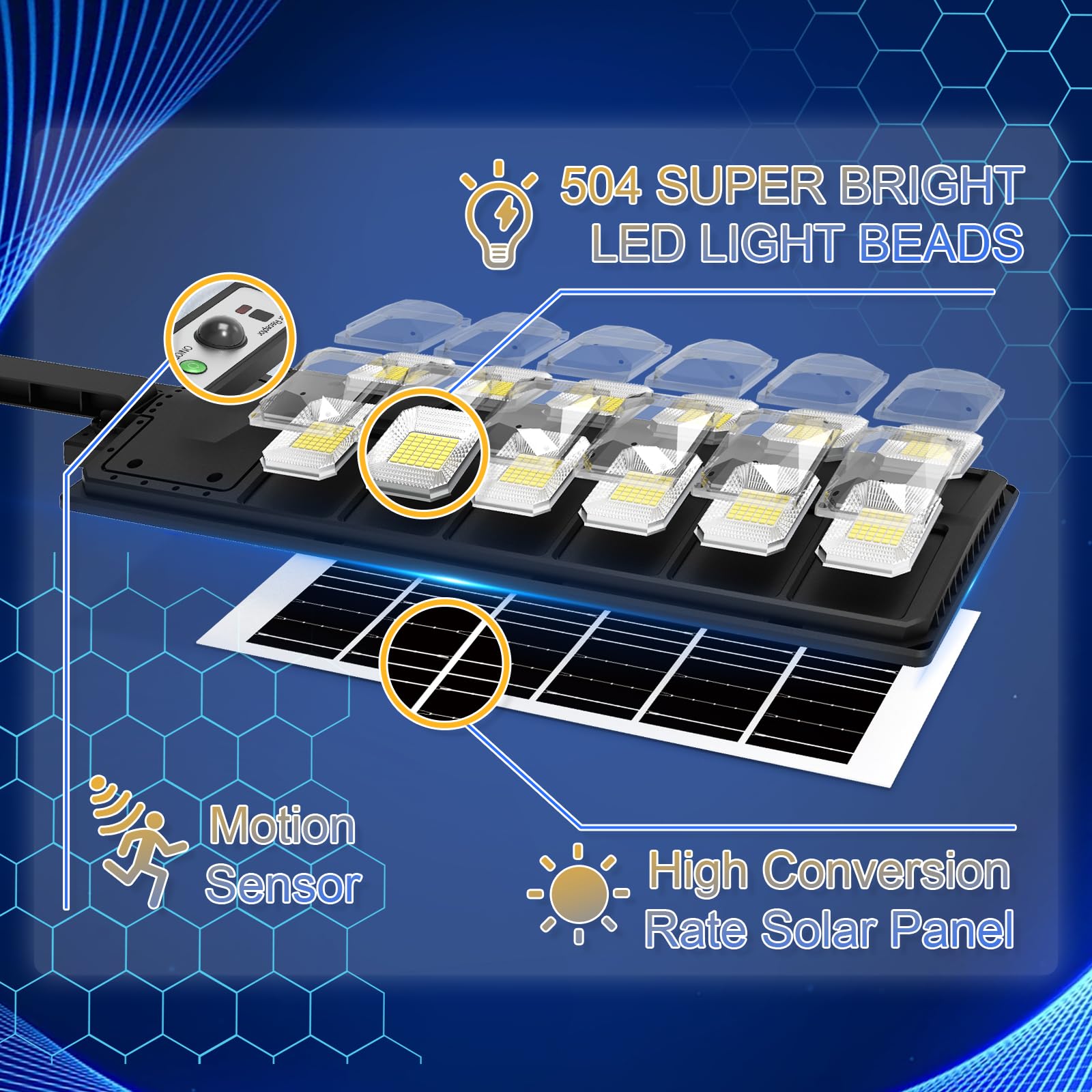 Werchtay Solar Street Lights Outdoor Waterproof, 6500K 10000Lm Solar Street Light, 504Leds Solar Parking Lot Lights Solar Powered Street Light Dusk To Dawn, Solar Flood Light For Yard, Deck, Garden