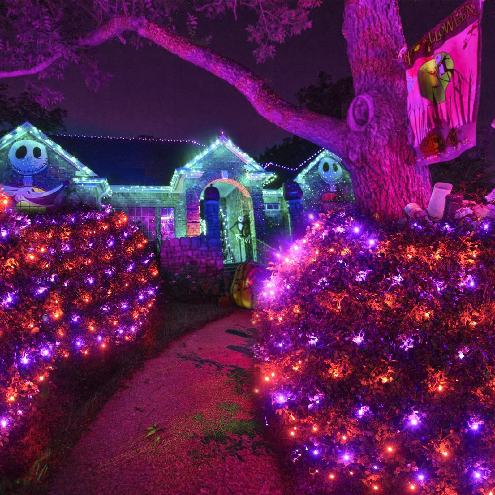 Halloween Net Lights Outdoor Decoration, 14.8X4.9 Ft 300Led Orange Purple Halloween Lights 8 Modes Connectable Twinkle Fairy Mes