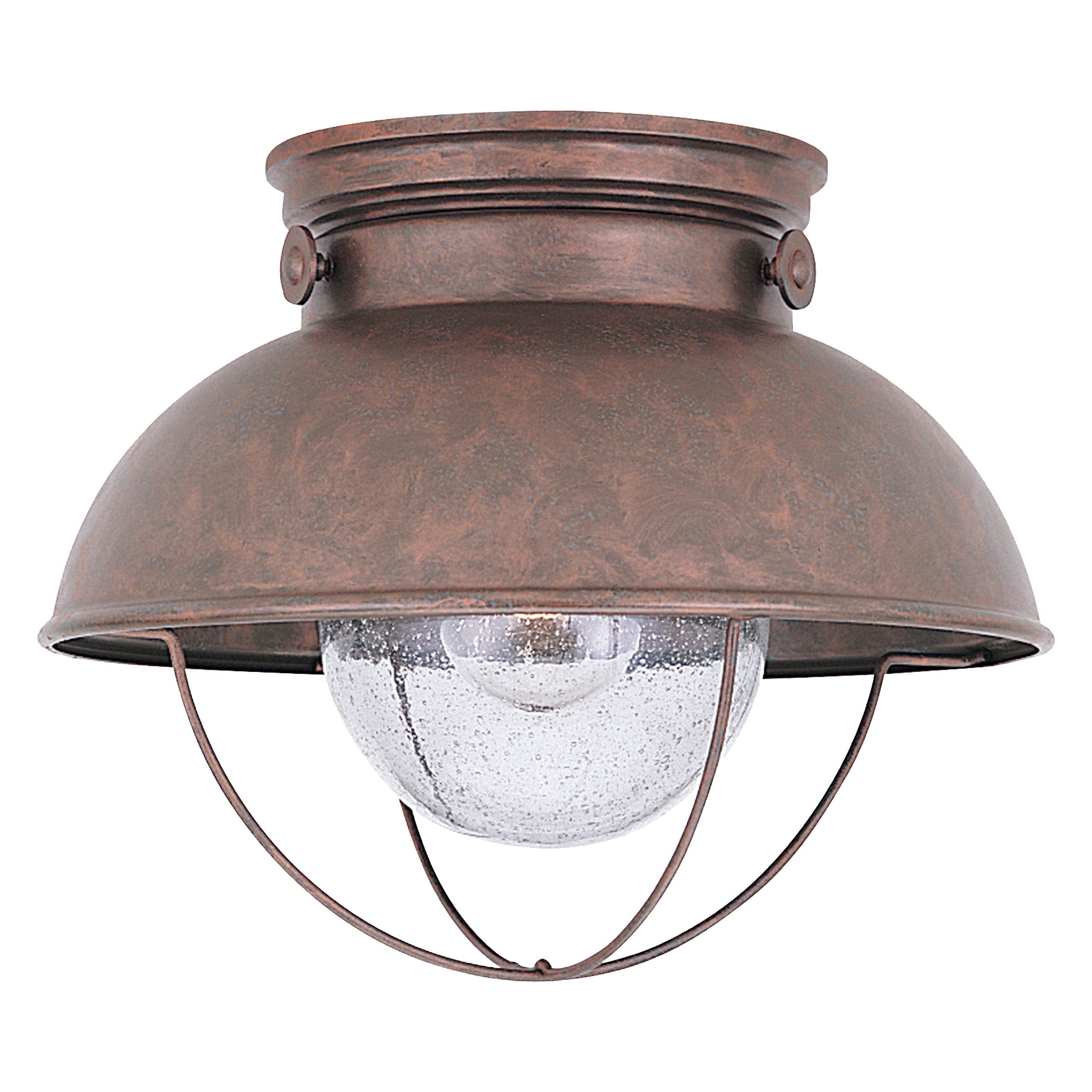 Sea Gull Lighting One-Light Outdoor Flush Mount Ceiling Light, Clear Seeded Glass, Weathered Copper Finish, Model 8869-44