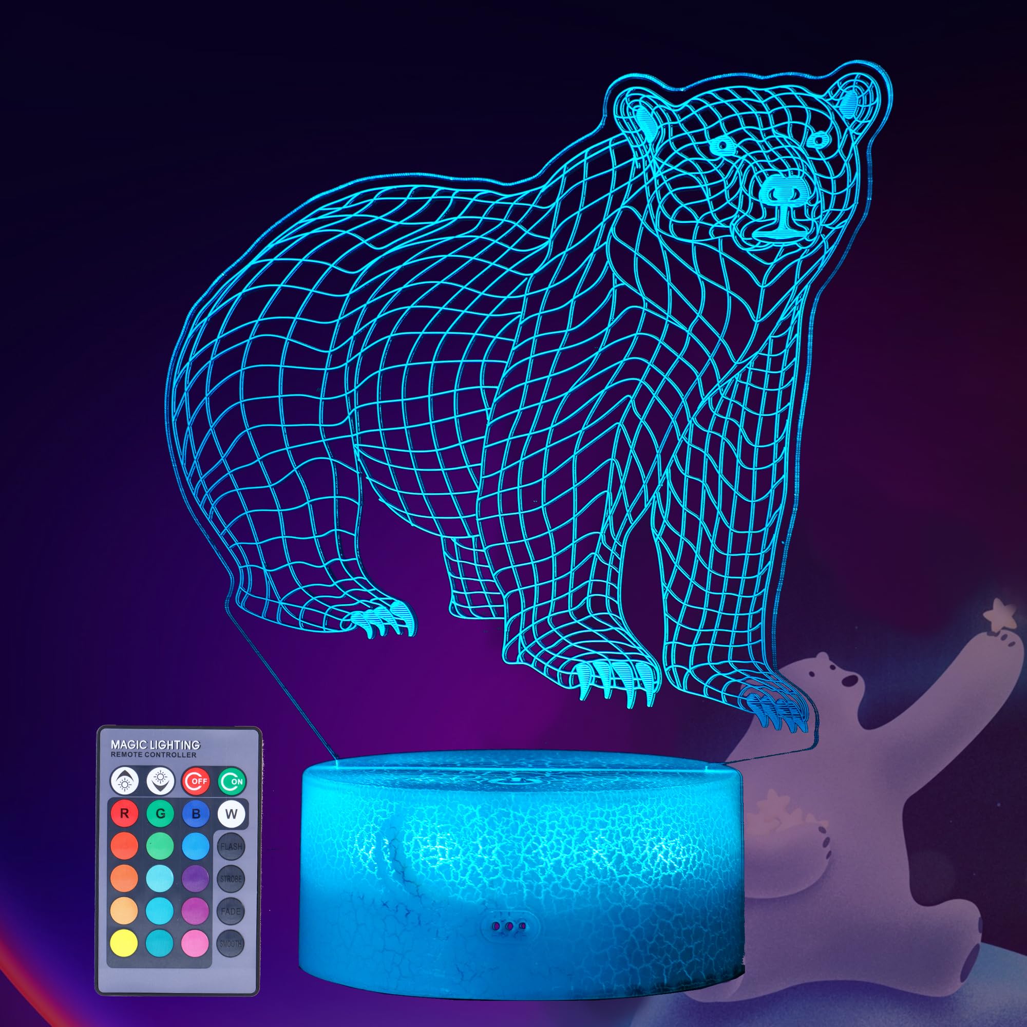 POSSHE Polar Bear Night Light, 3D Illusion Lamp, RGB16 Colors Changing, Remote Control, Dimmable, Kids Room Decoration, Xmas Bea
