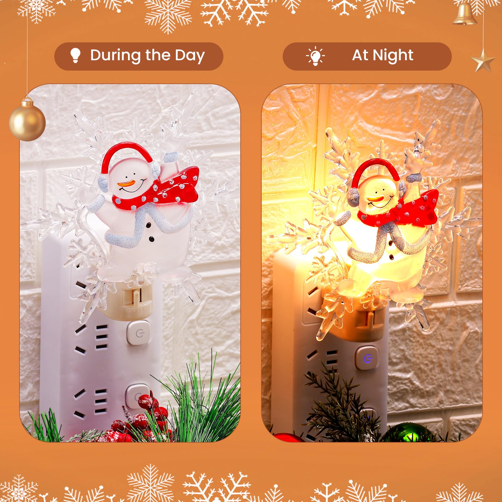 Brightown Christmas Snowflake Night Light Plug-In - 2 Pack 6 Decorative Christmas Snowflake Night Light With On/Off Switch  Plastic Christmas Night Light For Bedroom Living Room Porch Holiday Decor