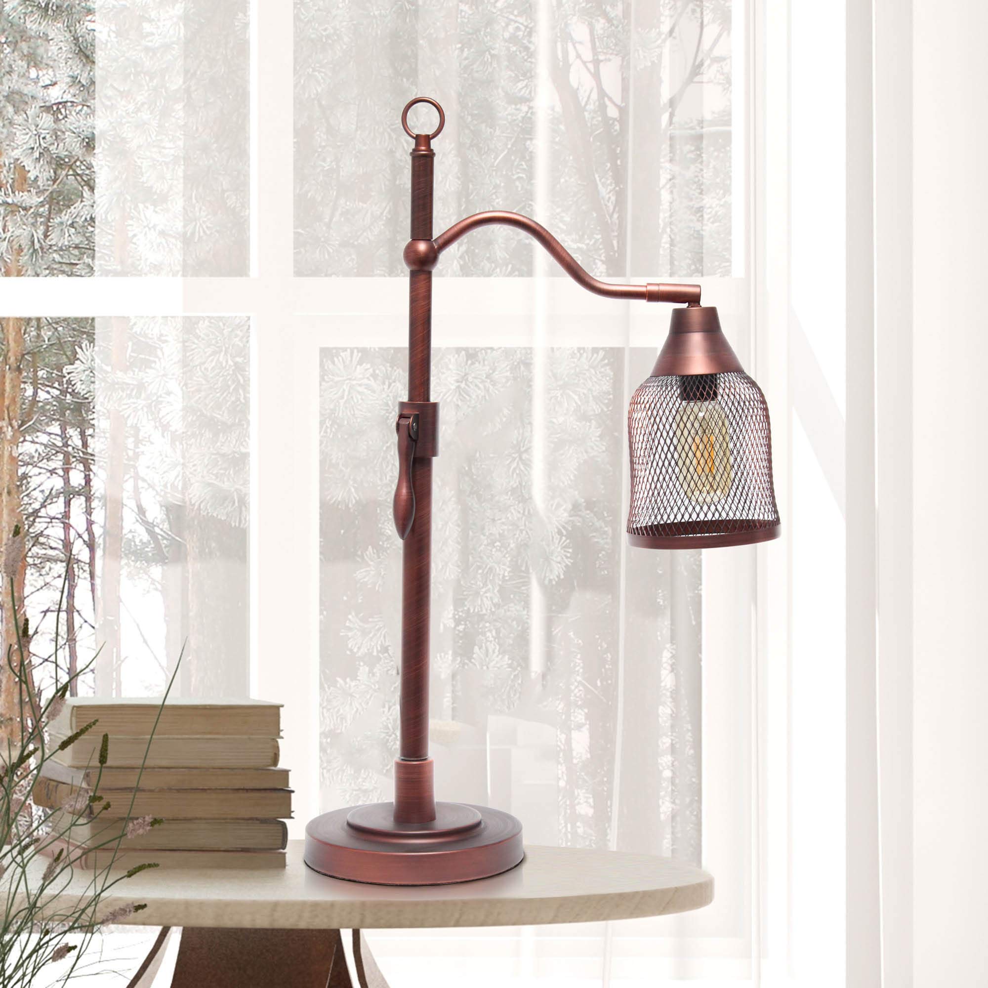 LALIA HOME Vintage Arched Table Lamp, Iron Mesh Shade, 16inL x 7inW x 25inH, Red Bronze, Model LHT-5029-RB