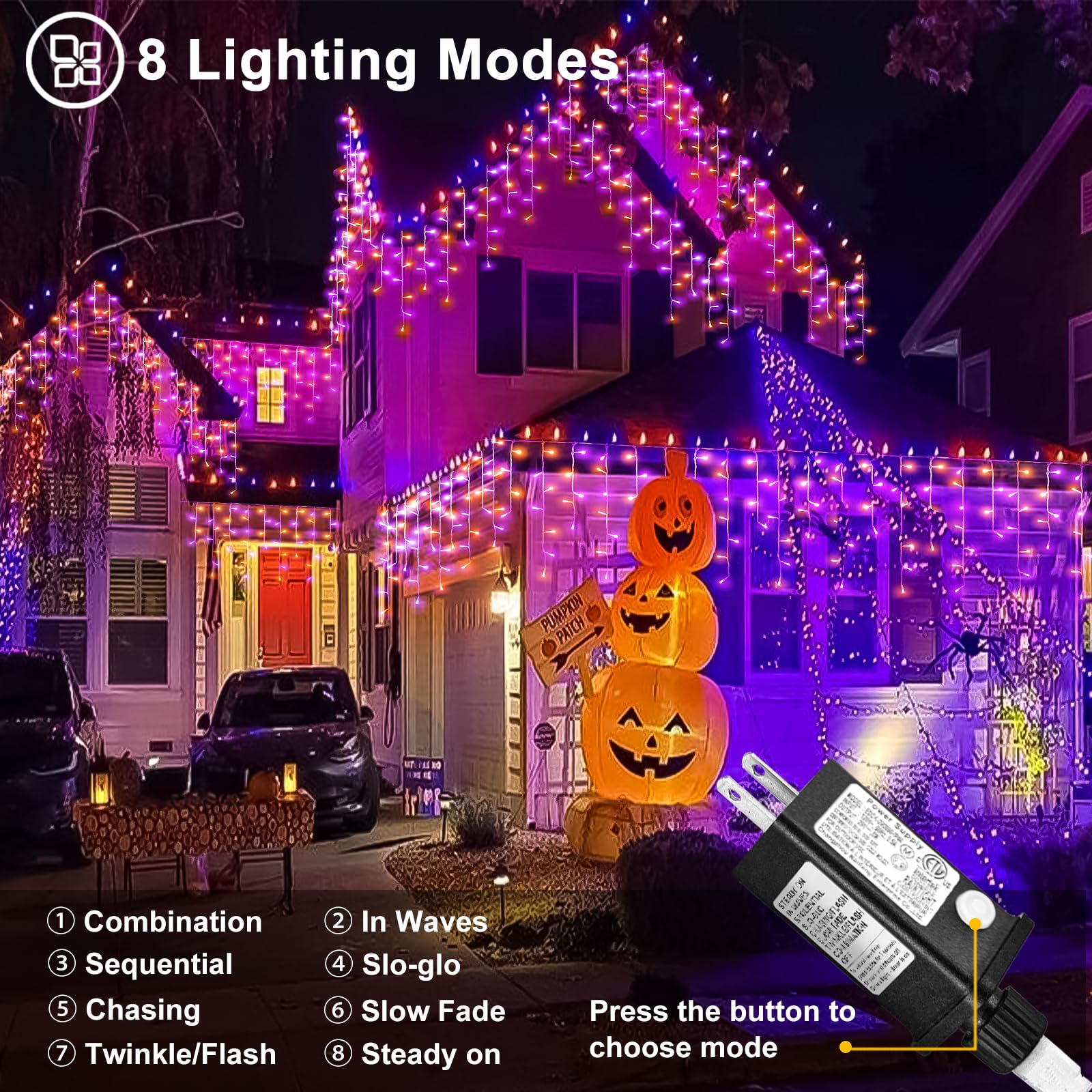 33Ft Christmas Lights Outdoor  400 Led Icicle Lights For Outside  Orange And Purple Twinkle Christmas Light With Connectable Clear Wire 8 Modes Timer Waterproof For House Party Tree Holiday Yard Decor