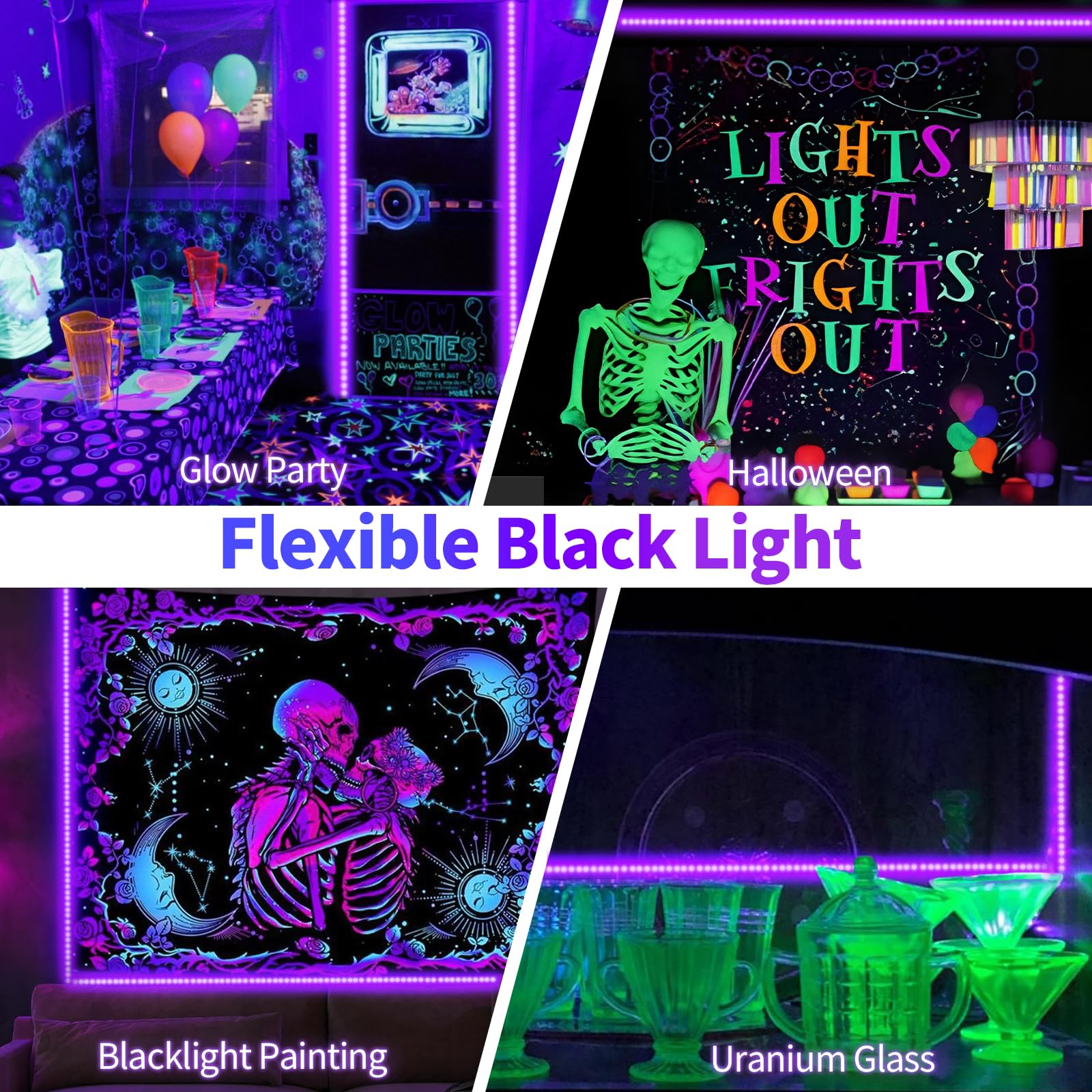 Shgpoda 50 Foot Black Light Strip & Remote  900Leds  Dimmable 12V Flexible Black Lights For Glow Party  Bedroom  Hallween  Fluorescent Tapestry Poster  3 Light Modes  Non-Waterproof