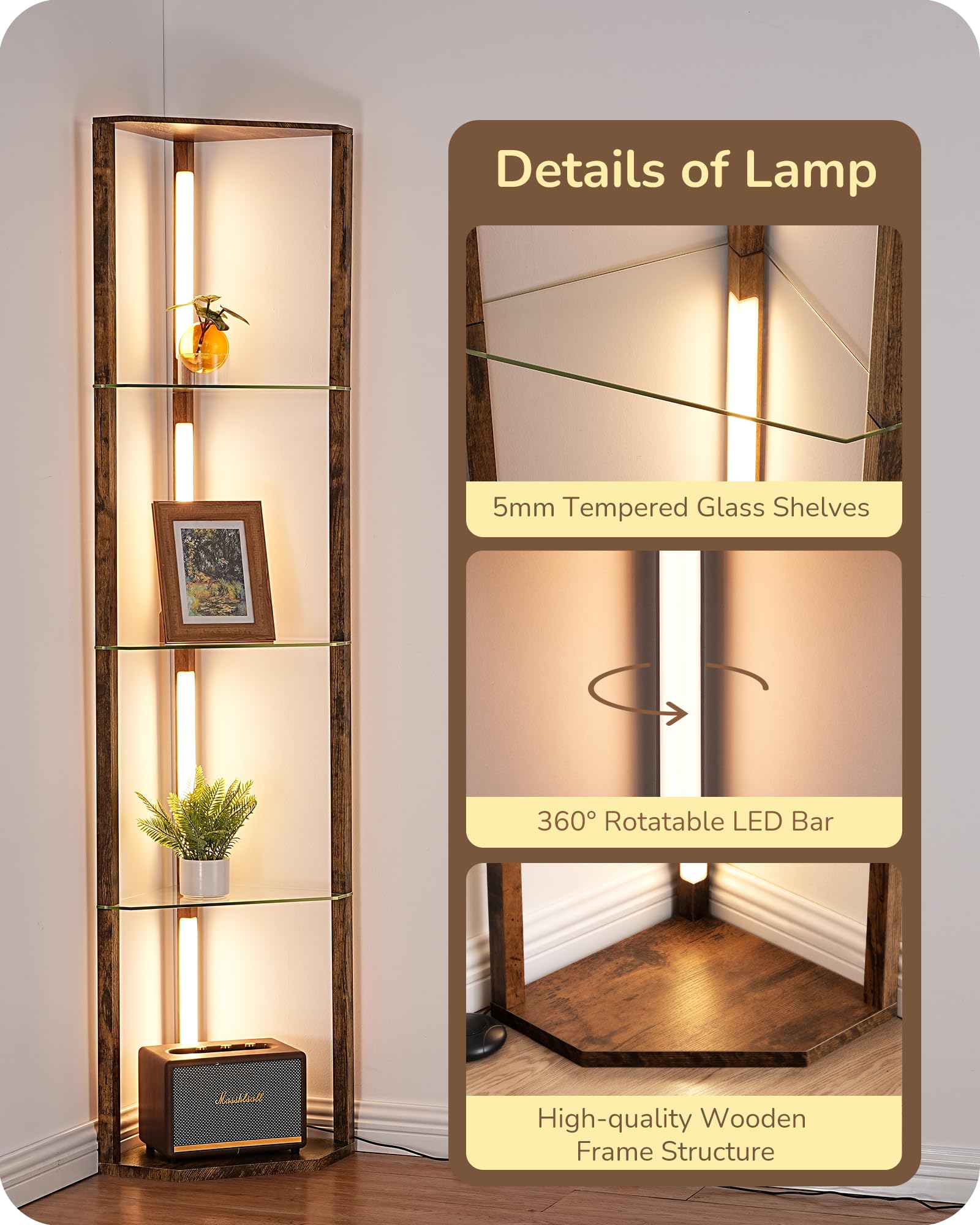 EDISHINE Corner Shelf with Light, 5-Tier Glass Display, Dimmable Lamp, 63.7 inches, Burnt Wood, Model HLFL06N