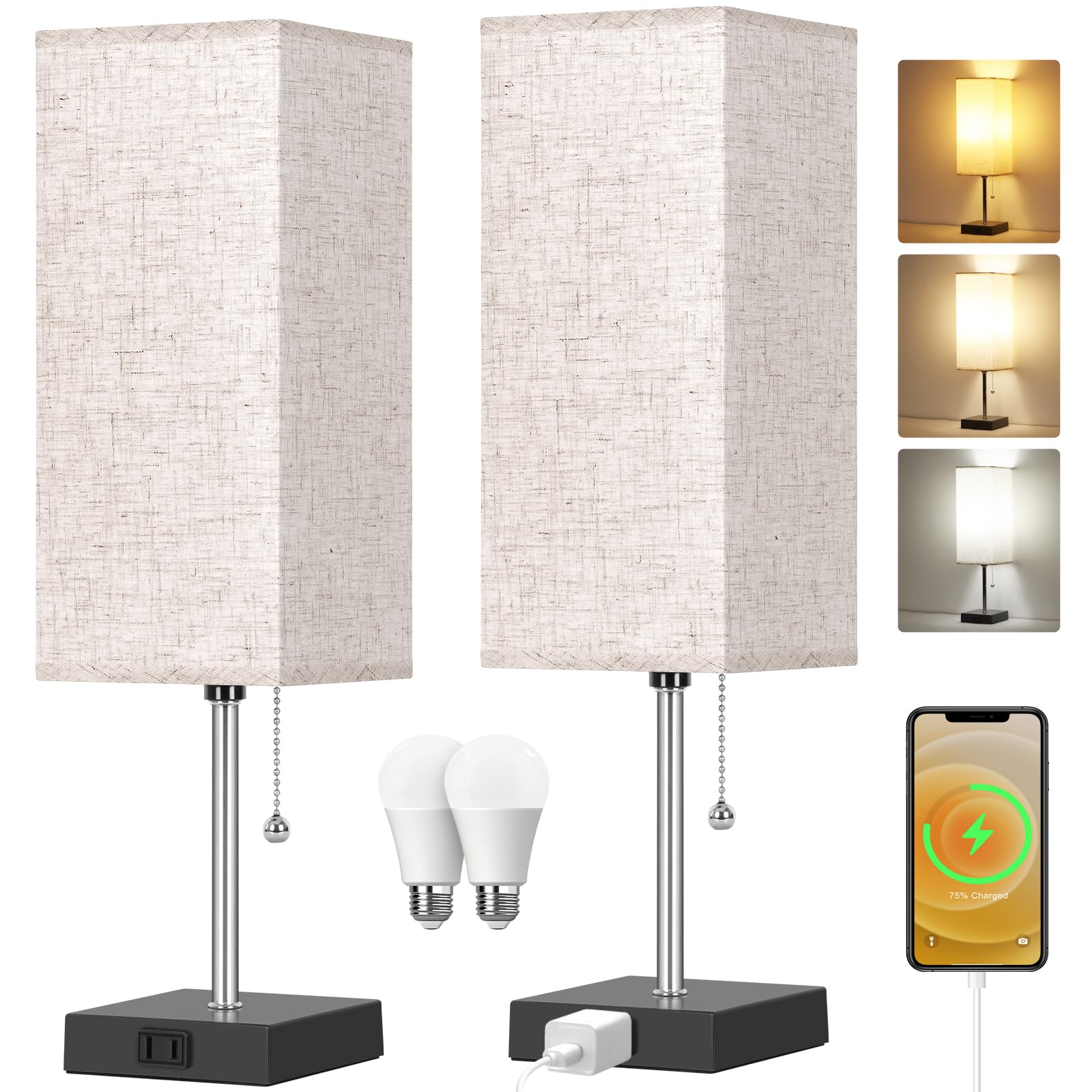 Dott Arts Table Lamp Set of 2, 3-Color with Pull Chain, 18in  Beige Nightstand Lamps for Bedroom, Living Room, Kids Office Decor