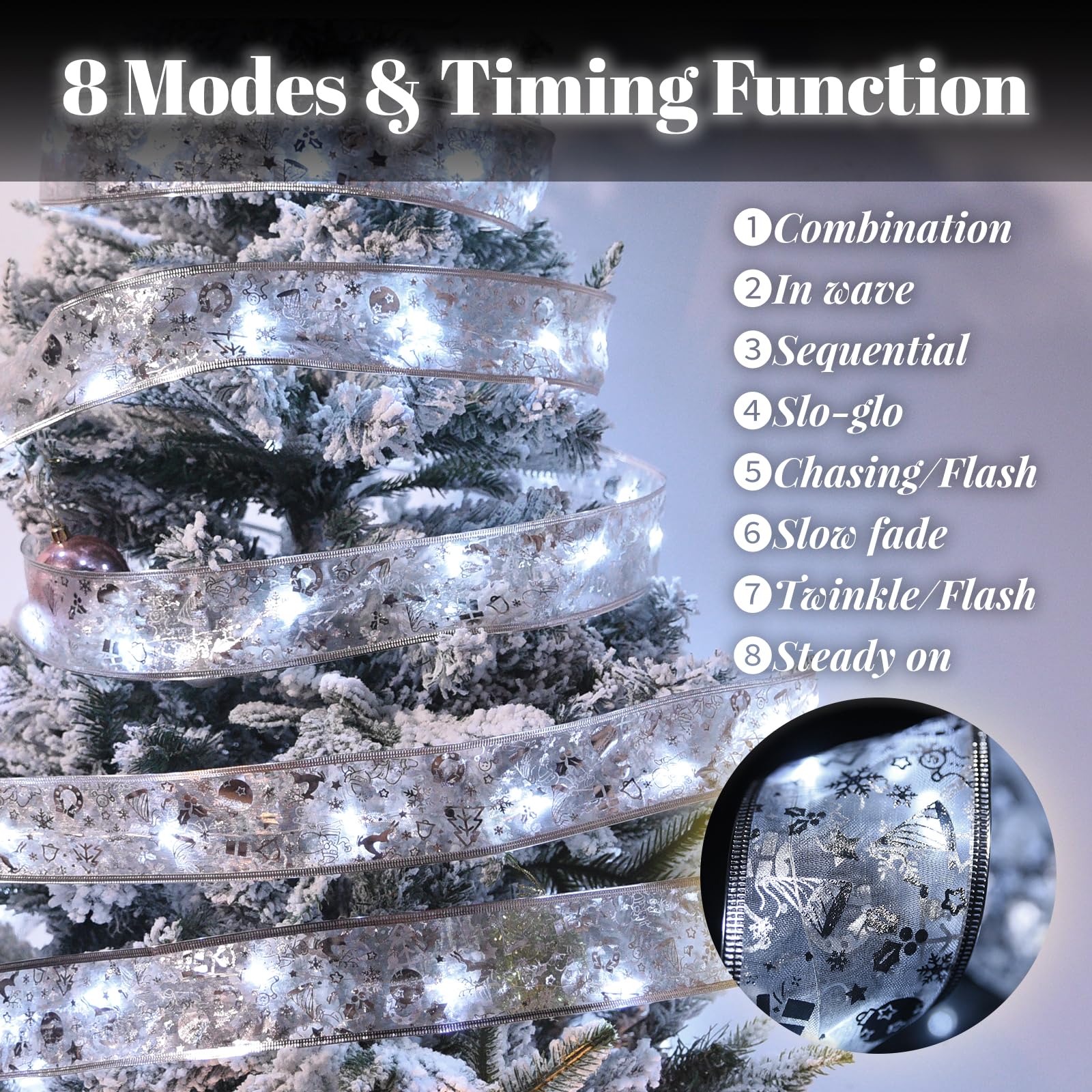 Dailyart Christmas Tree Ribbon Lights, 100 LED Fairy Lights, 46FT, Cool White, Battery Operated & USB Powered, 8 Modes, Model 52