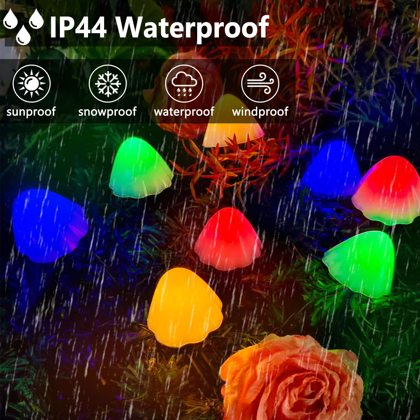 OZS Solar String Lights, 32LED 55FT Waterproof, 8 Lighting Modes, 2 Pack, Mushroom-Multicolor