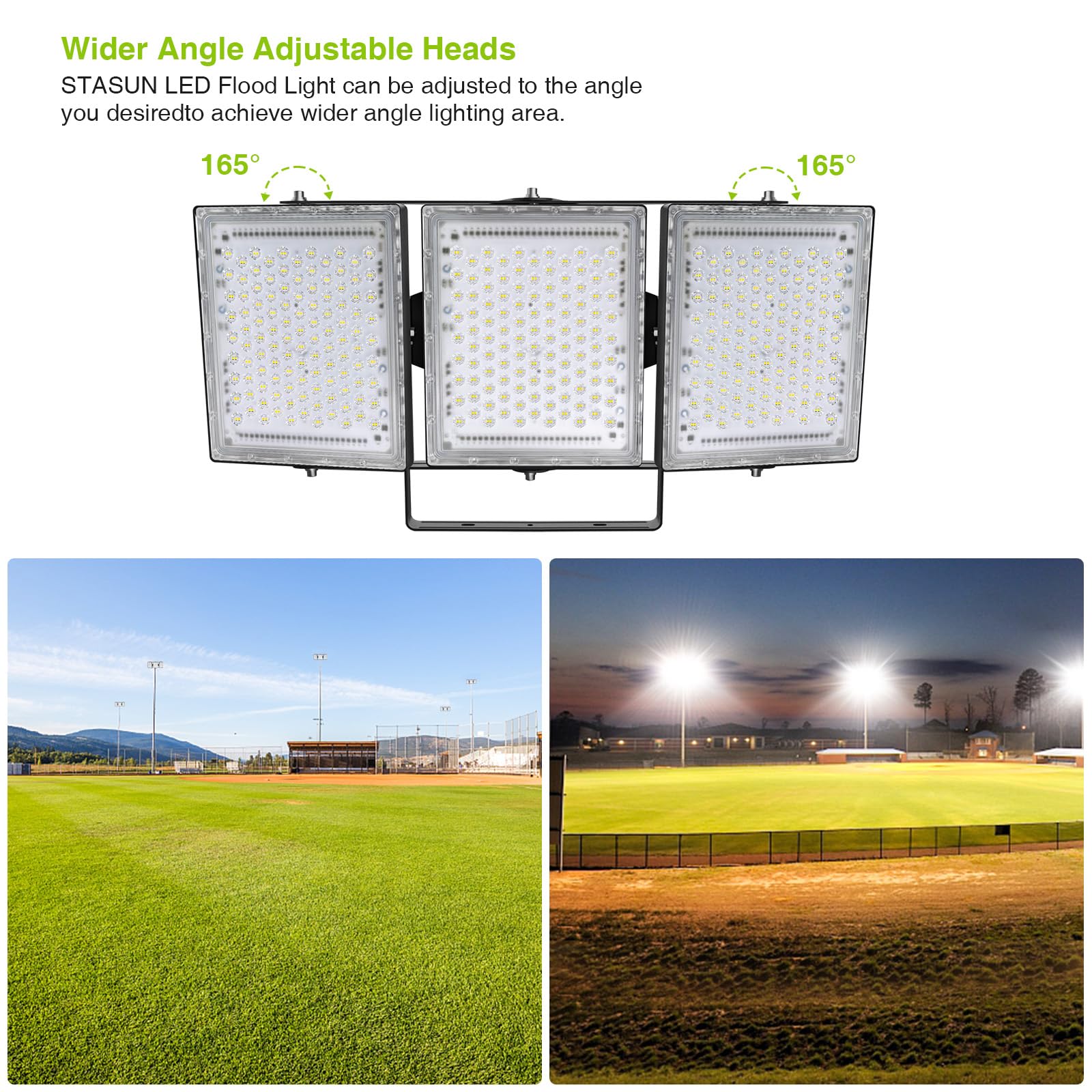 Stasun 600W Led Flood Light 60000Lm, Ip66 Waterproof, 3 Adjustable Heads, 6000K Day