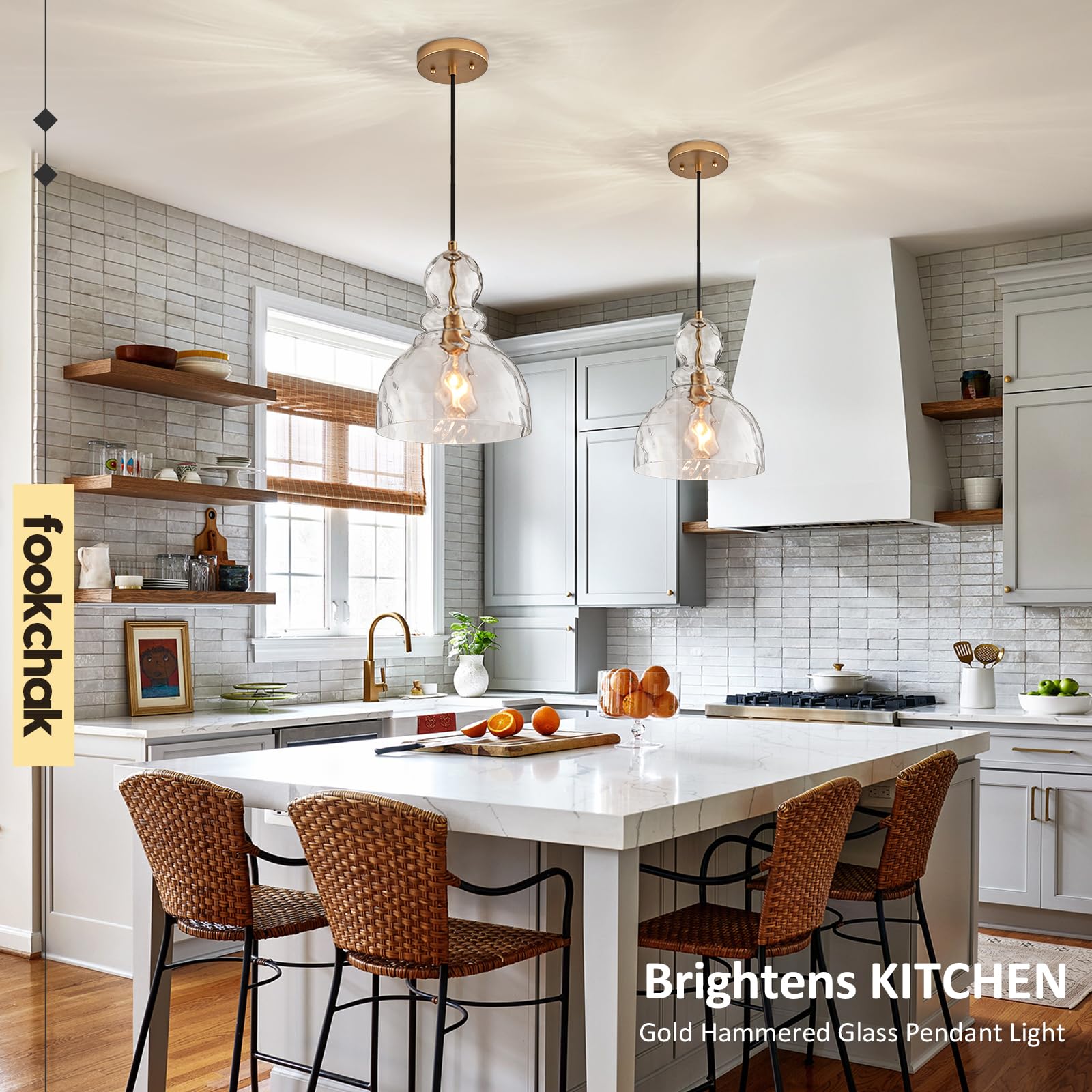FookChak 10in Gold Hammered Glass Pendant Light, E26 Ceiling Fixture for Kitchen Island, Sink, Bedroom, Hallway, Model 08G