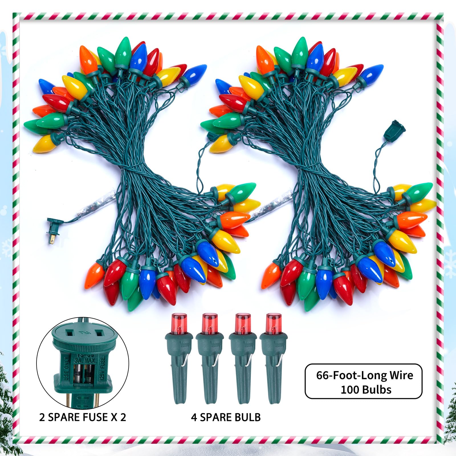 Brightown C9 LED Christmas String Lights, 2 Pack 66ft, Opaque Multicolor, 100 Bulbs, Plug-in Vintage Outdoor Decor