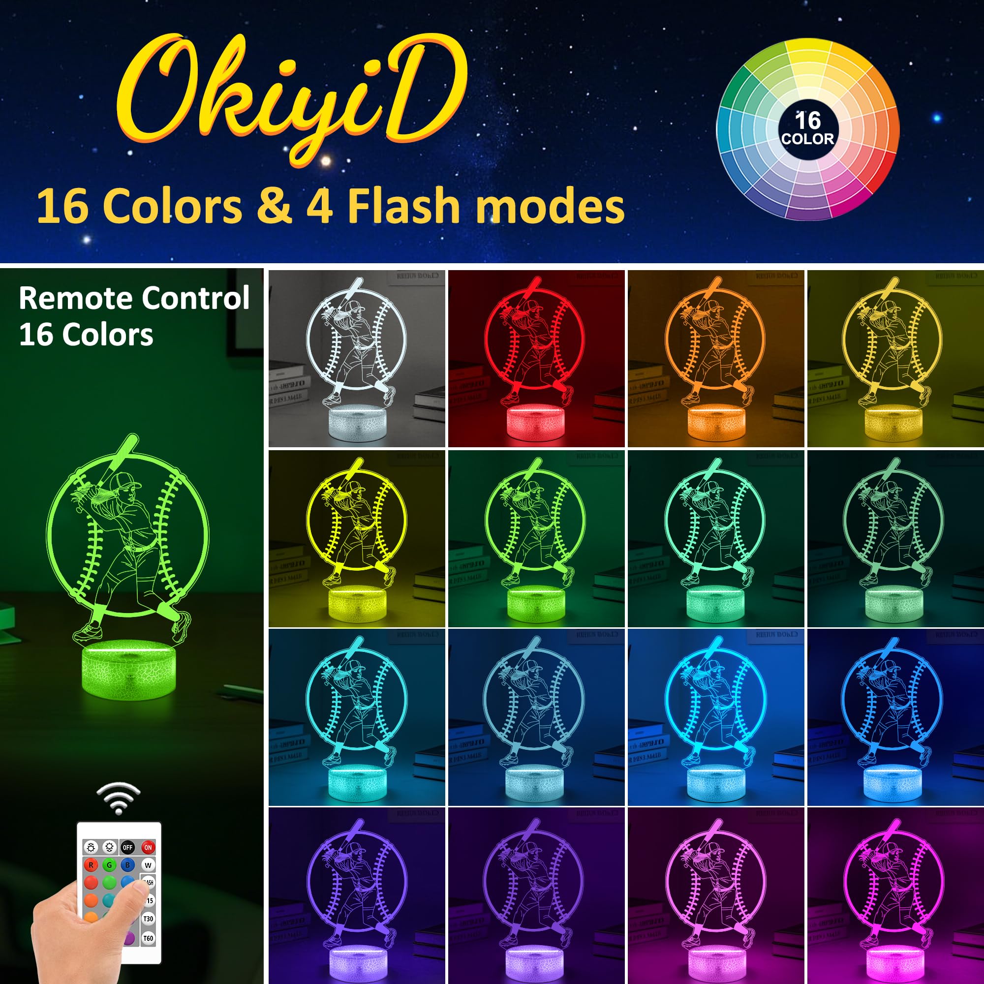 OkiyiD Softball Night Light 3D Illusion Lamp, Remote Control, 16 Colors, Model FS-2810-9999, Acrylic, Color8
