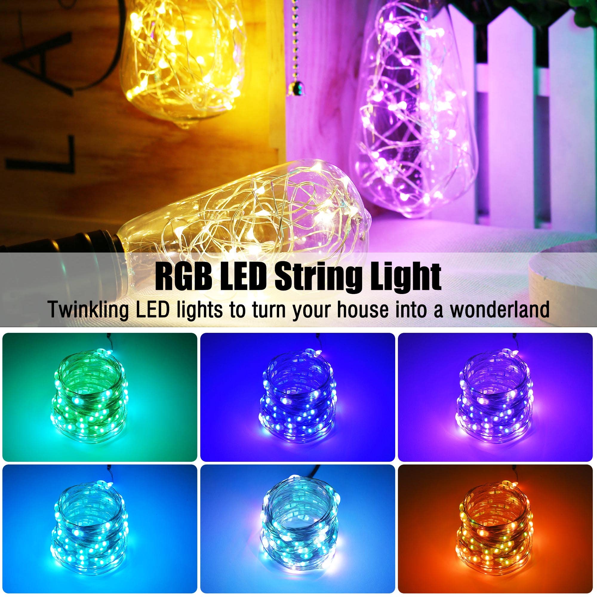 Yescom LED String Lights 33 Ft, 100 RGB Lights, 20 Colors, Remote & Bluetooth Control, 6 Modes, Multicolor