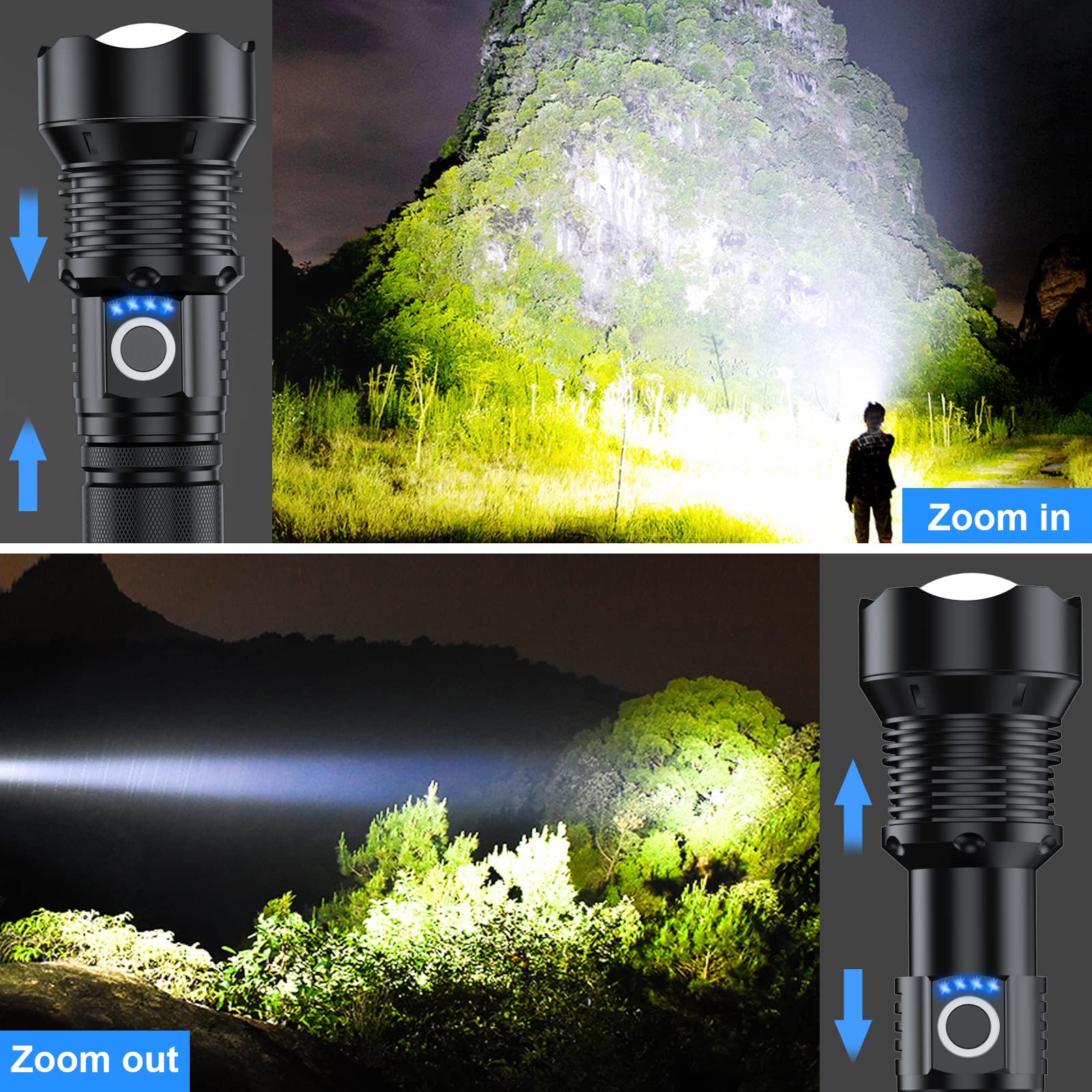 MILAOSHU Rechargeable LED Flashlights 100000 Lumens, Waterproof, 5 Modes, Aluminum, 2 Pack, Black, Model P11