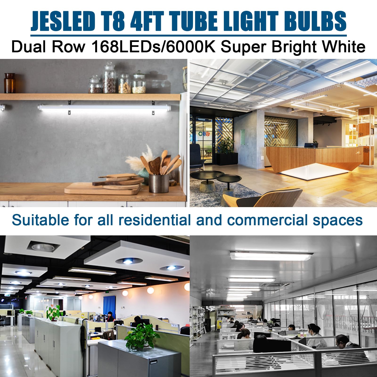 JESLED 4FT LED T8 Tube Lights, 24W (65W Equivalent), 3200LM, 6000K, 12-Pack, Aluminum, Plug and Play/Ball