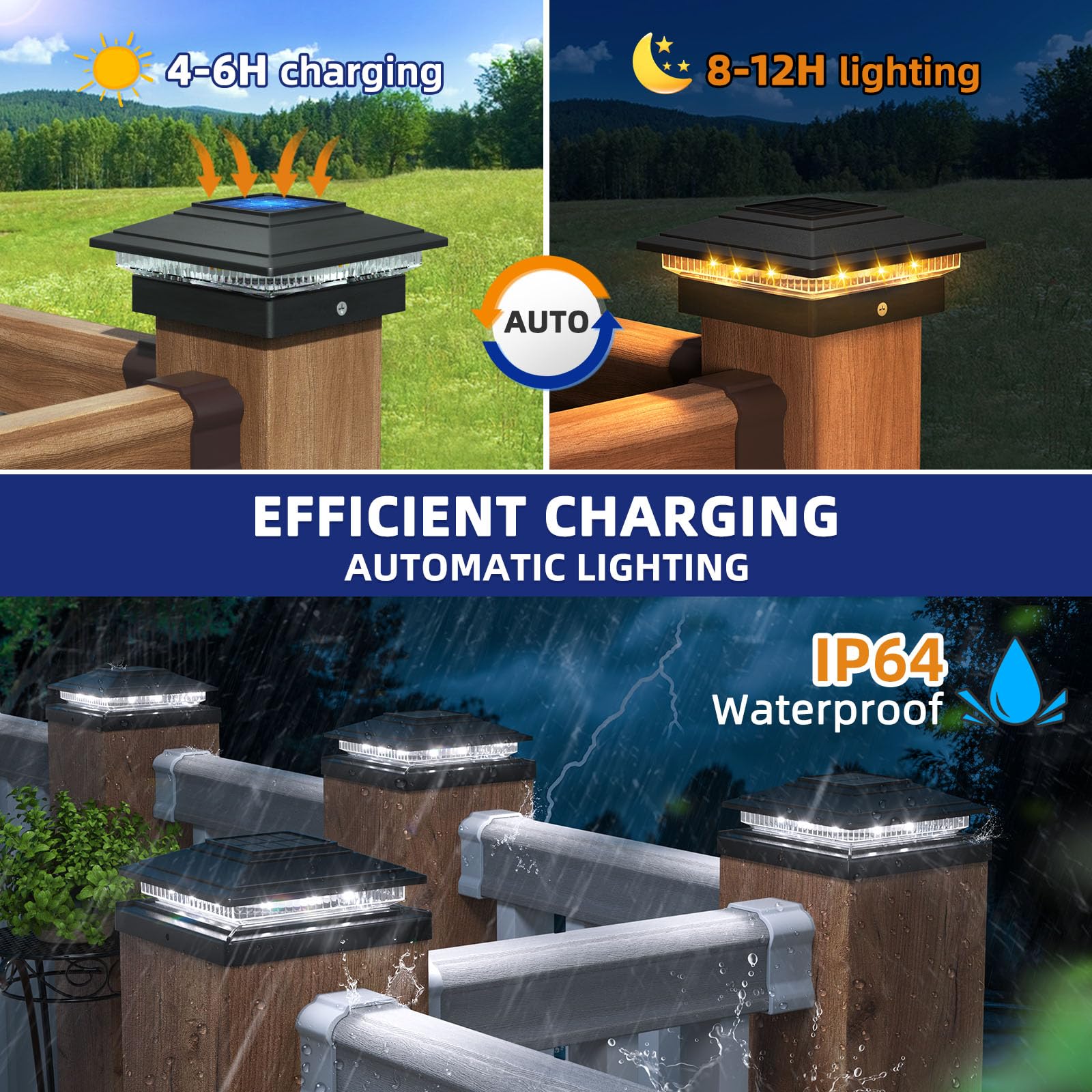 APONUO Solar Post Cap Lights 16-Pack - Black, IP64 Waterproof, 16 LED, 2-Mode, for 4x4/5x5/6x6 Posts,