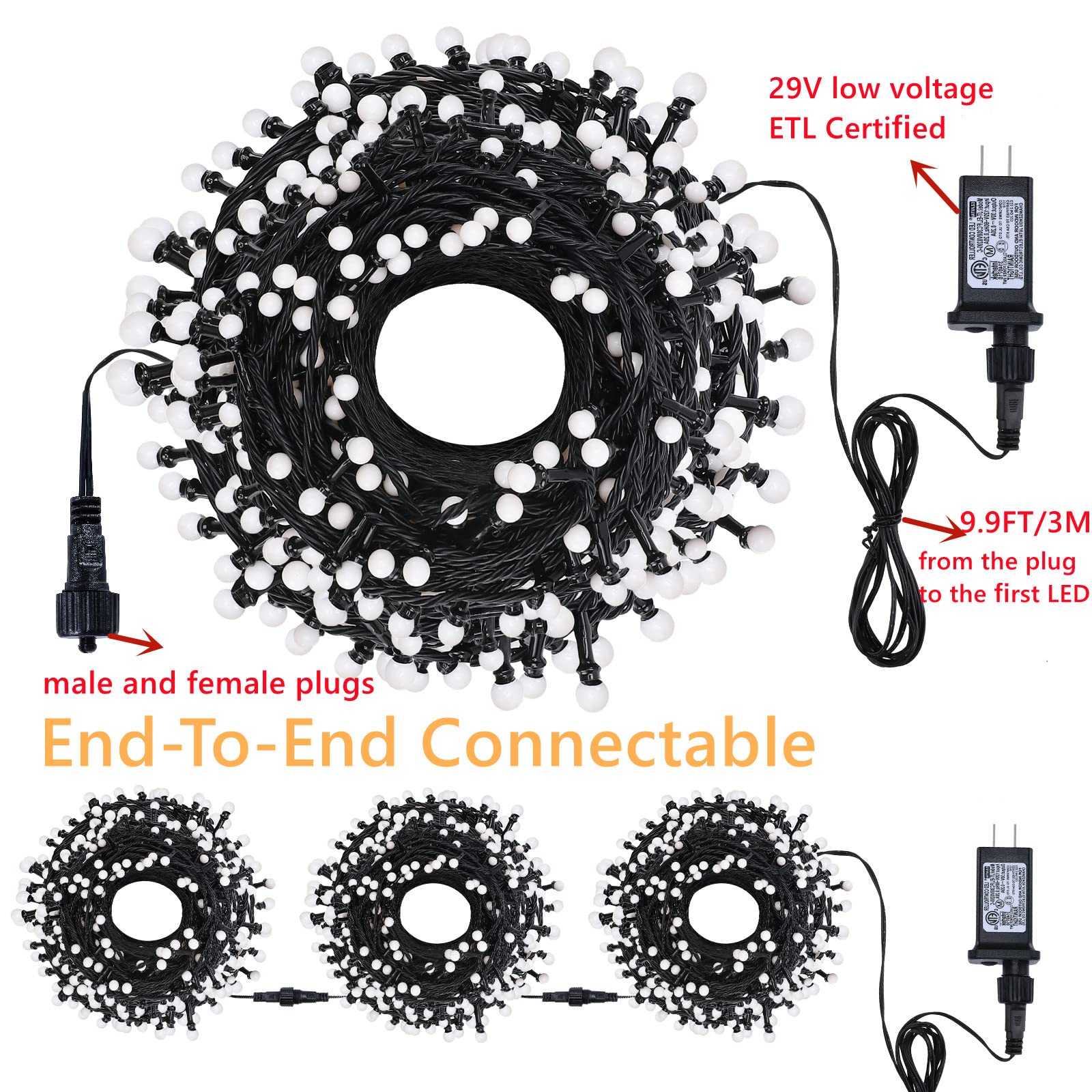 Meteds Led Christmas Lights Outdoor,300Led 105Ft 8 Modes Plug-In Connectable Waterproof Globe String Lights For Outdoor & Indoor