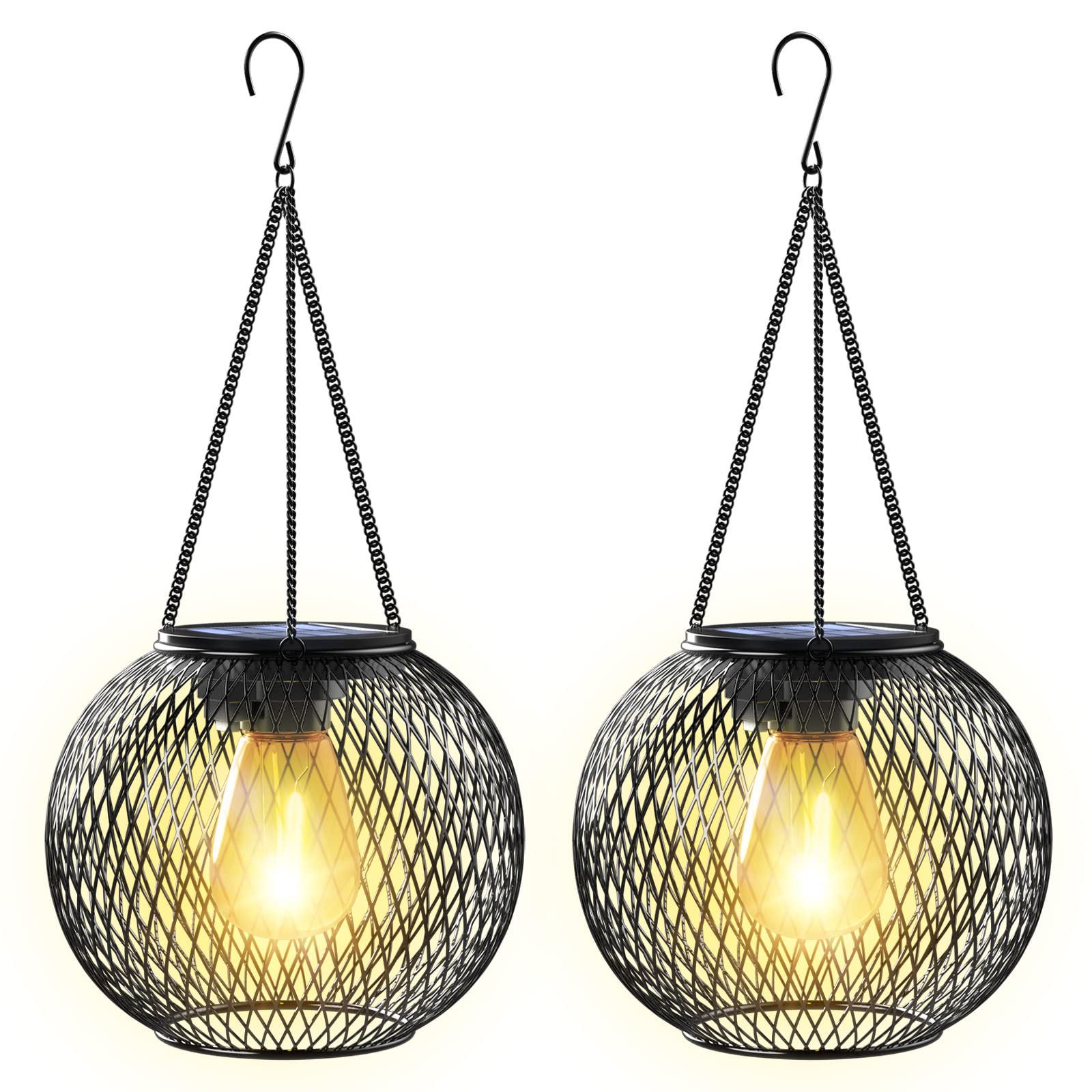 KagoLing Solar Lanterns, Waterproof Hanging Lights, 2 Pack, Metal, Black, Outdoor Garden Decorations
