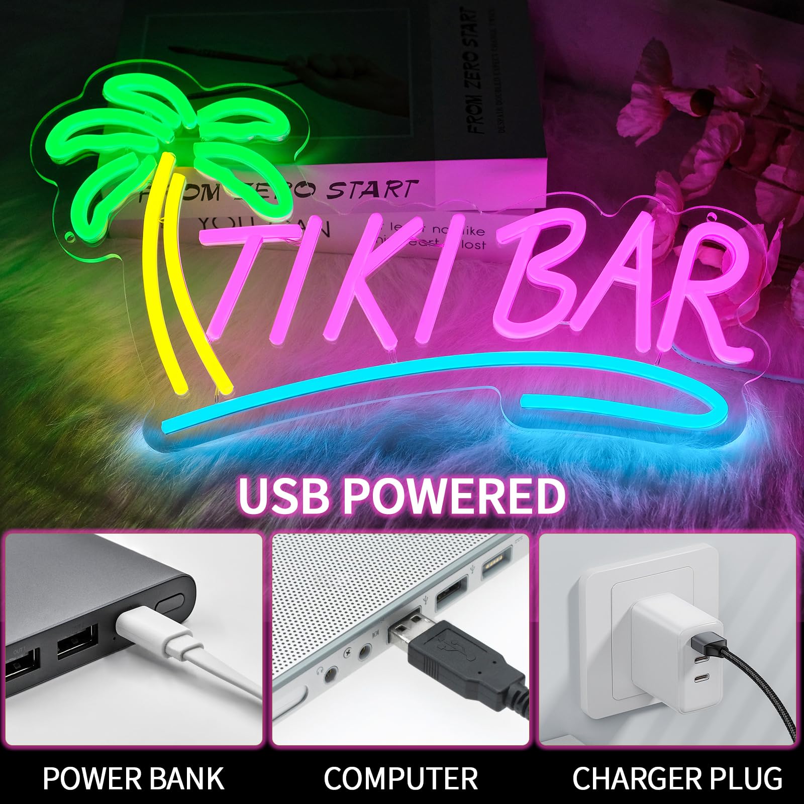 Virlusy Tiki Bar Neon Sign - Dimmable LED Wall Decor, 12-16 inches, Acrylic, Pink Yellow Green Blue