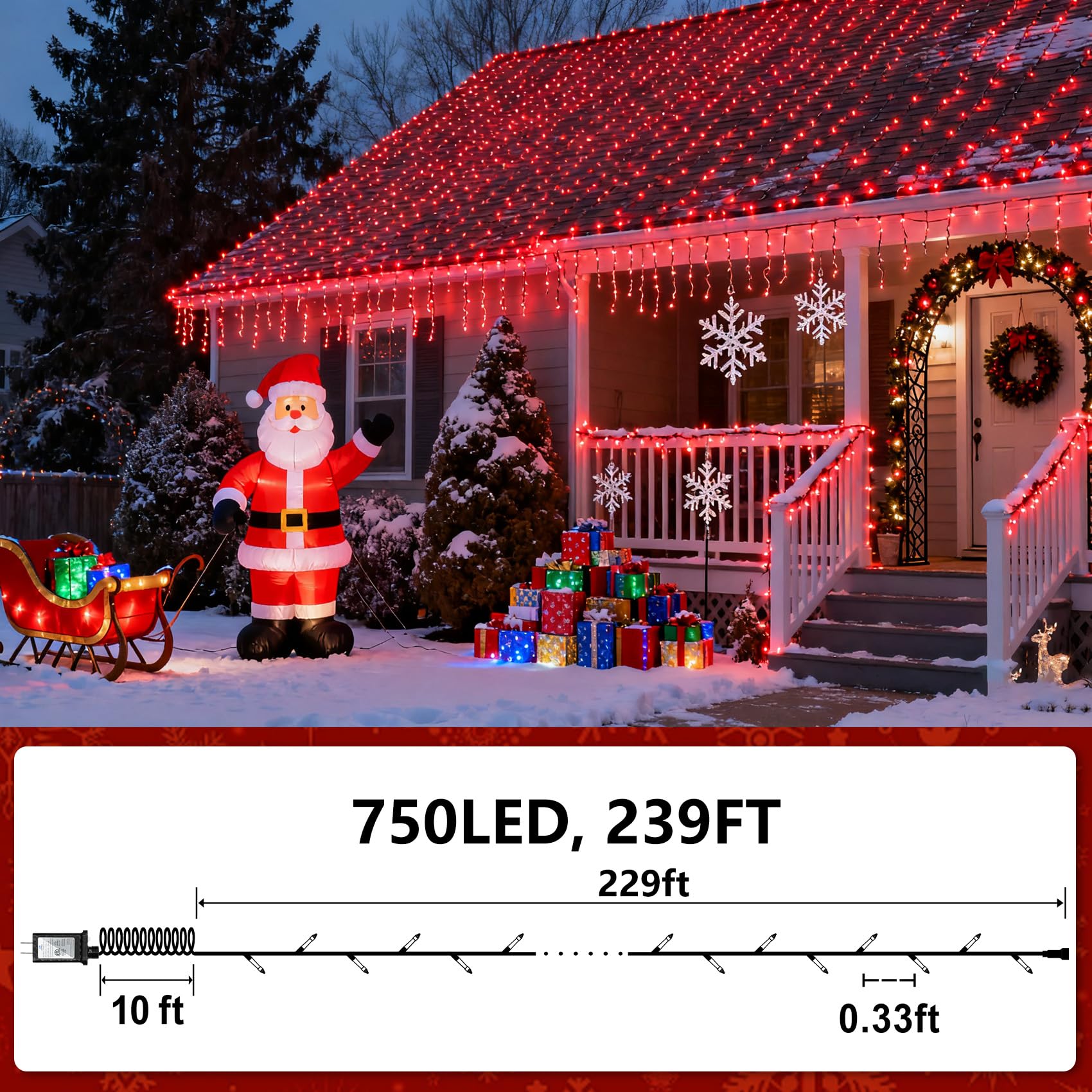 750 Led Christmas String Lights Outdoor  240Ft Twinkle Fairy Lights With Timer & Memory  12 Modes Dimmable Waterproof Tree Light For House Patio Garden Wedding Party Christmas Decororations  Red